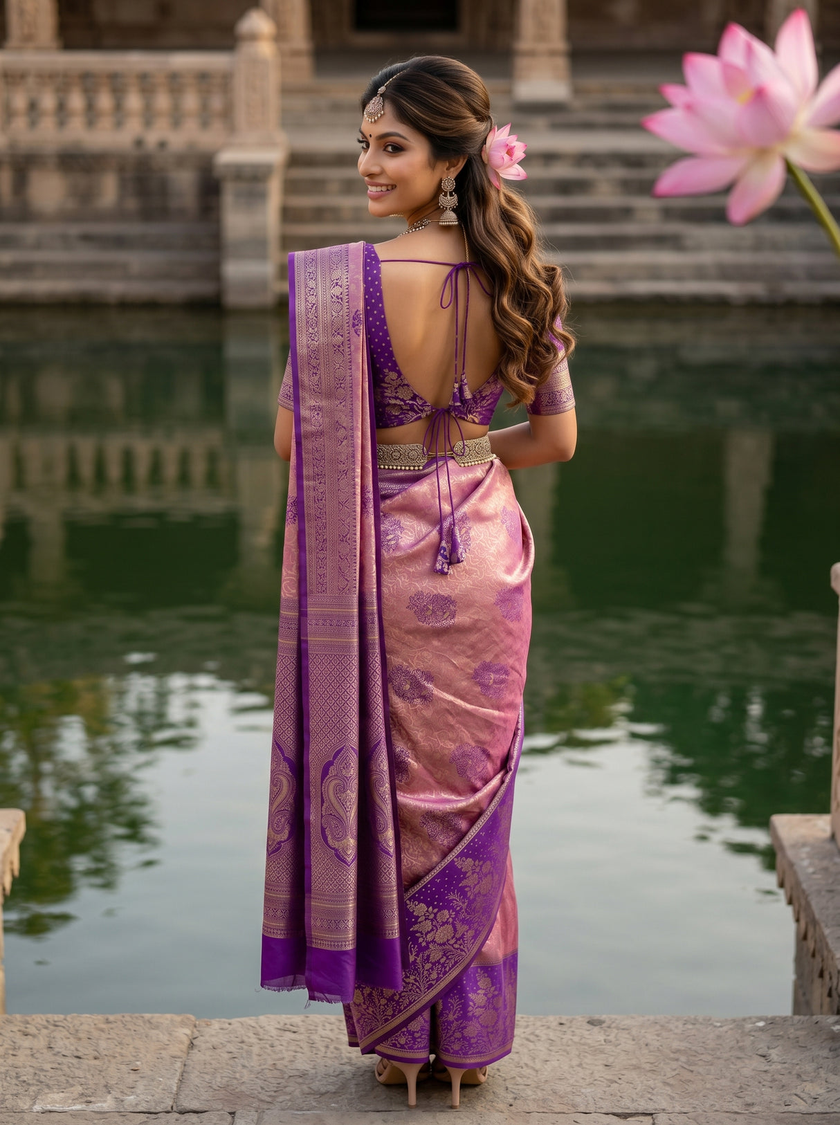MIMOSA Pink Kanjivaram Art Silk Saree — pose 2 styling detail
