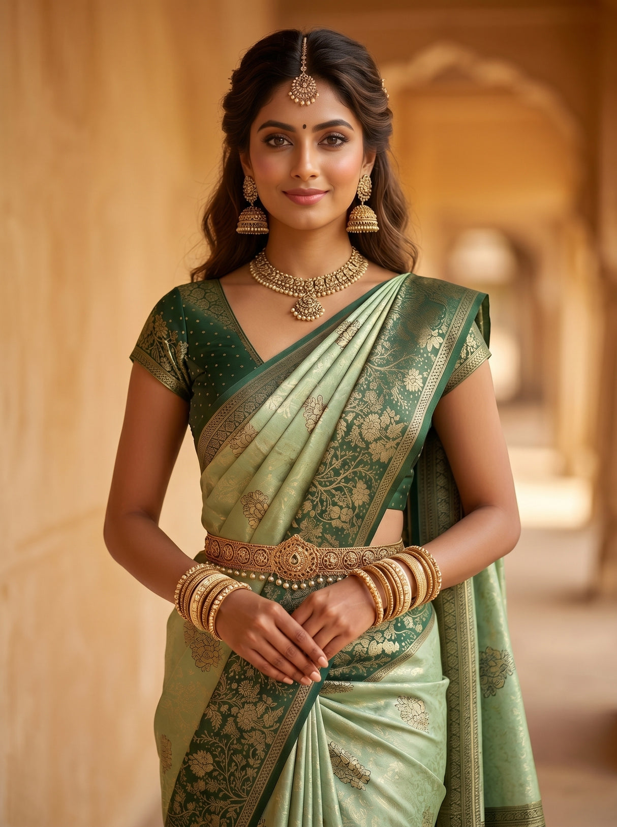 MIMOSA Pista Kanjivaram Art Silk Saree — pose 10 styling detail