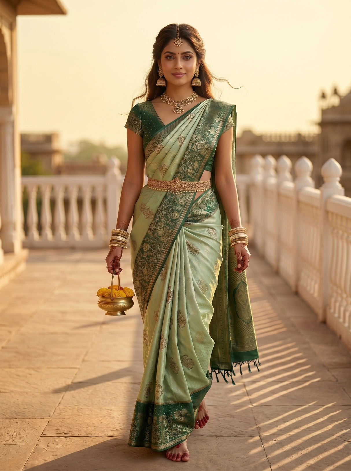MIMOSA Pista Kanjivaram Art Silk Saree — pose 6 styling detail
