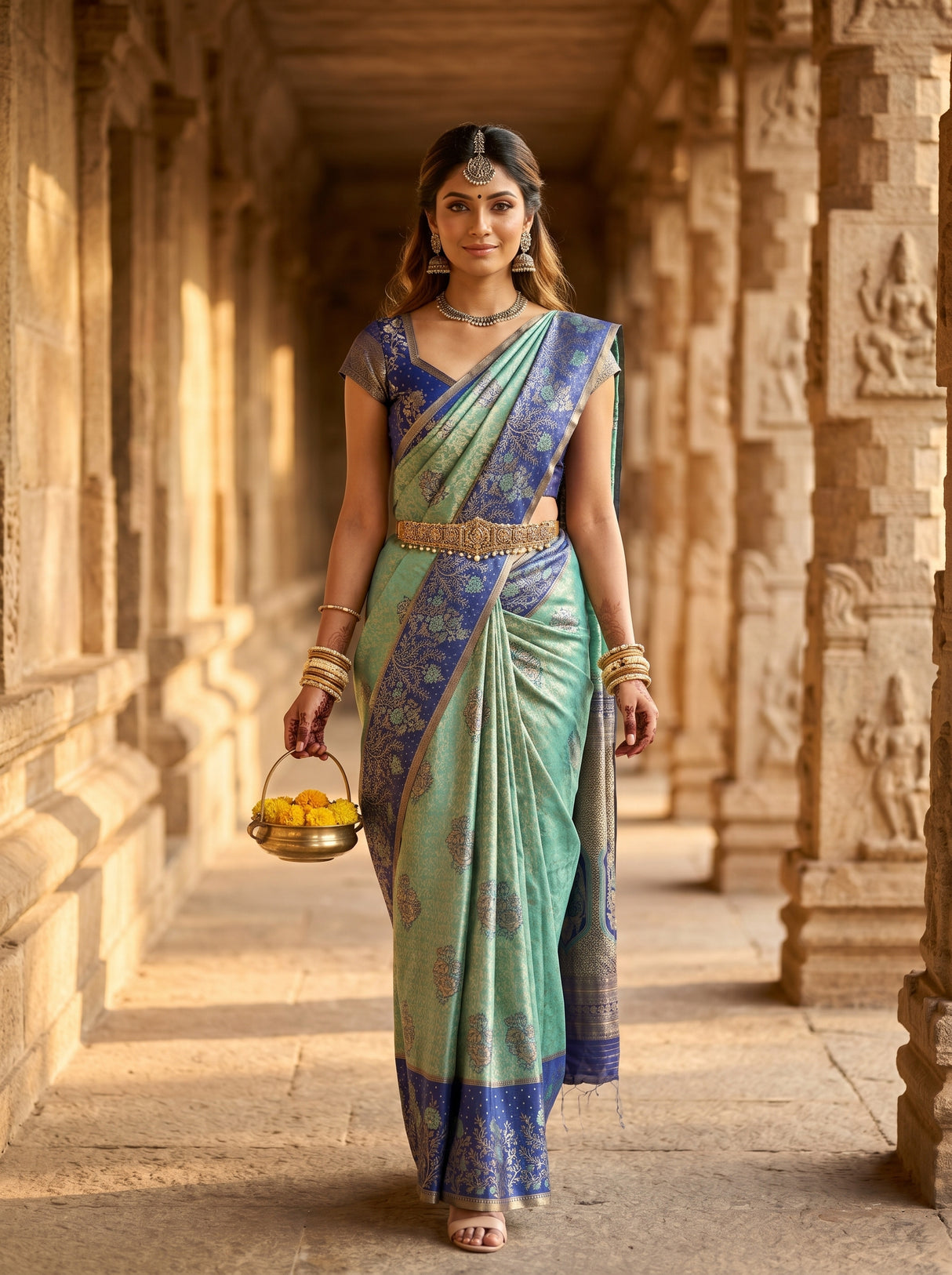 MIMOSA Sapphire Kanjivaram Art Silk Saree — AI Model lifestyle pose in temple corridor