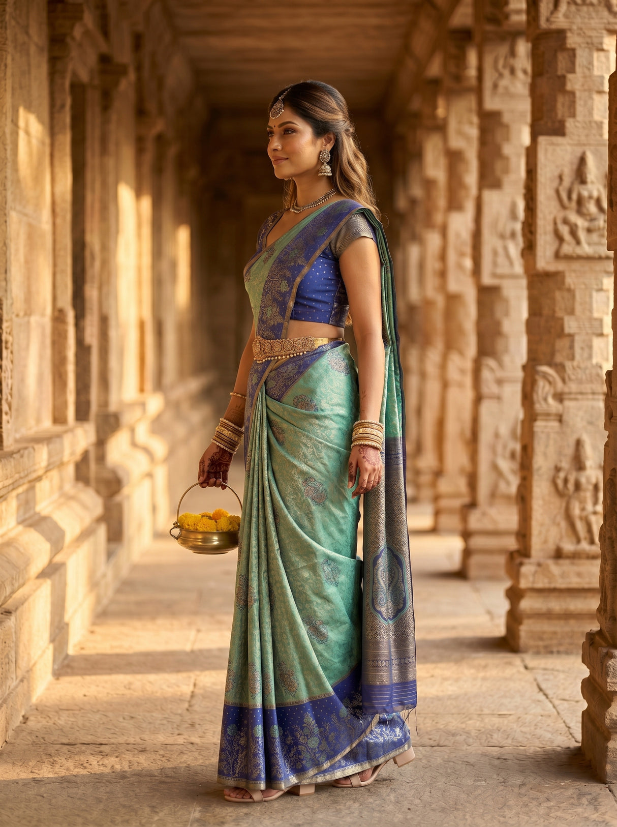 MIMOSA Sapphire Kanjivaram Art Silk Saree — pose 3 styling detail