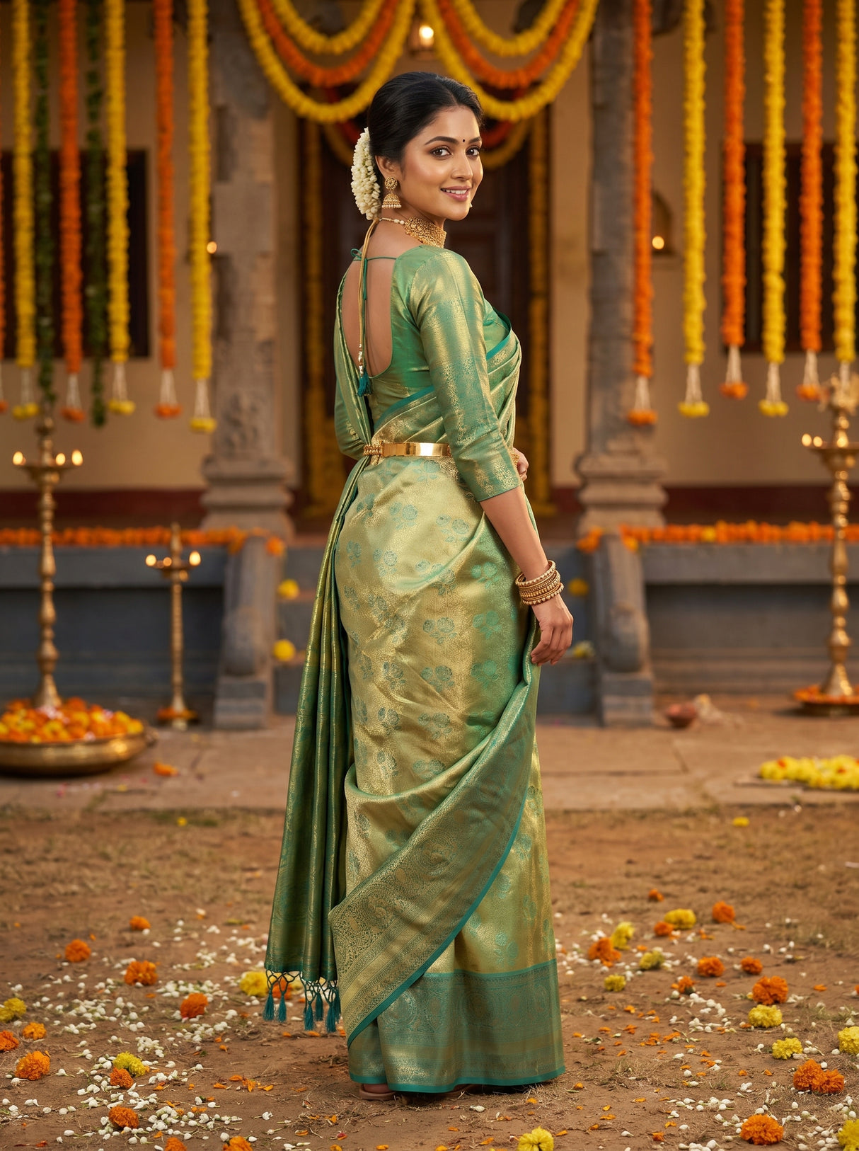 MIMOSA Olive Kanjivaram Art Silk Saree β pose 9 styling detail