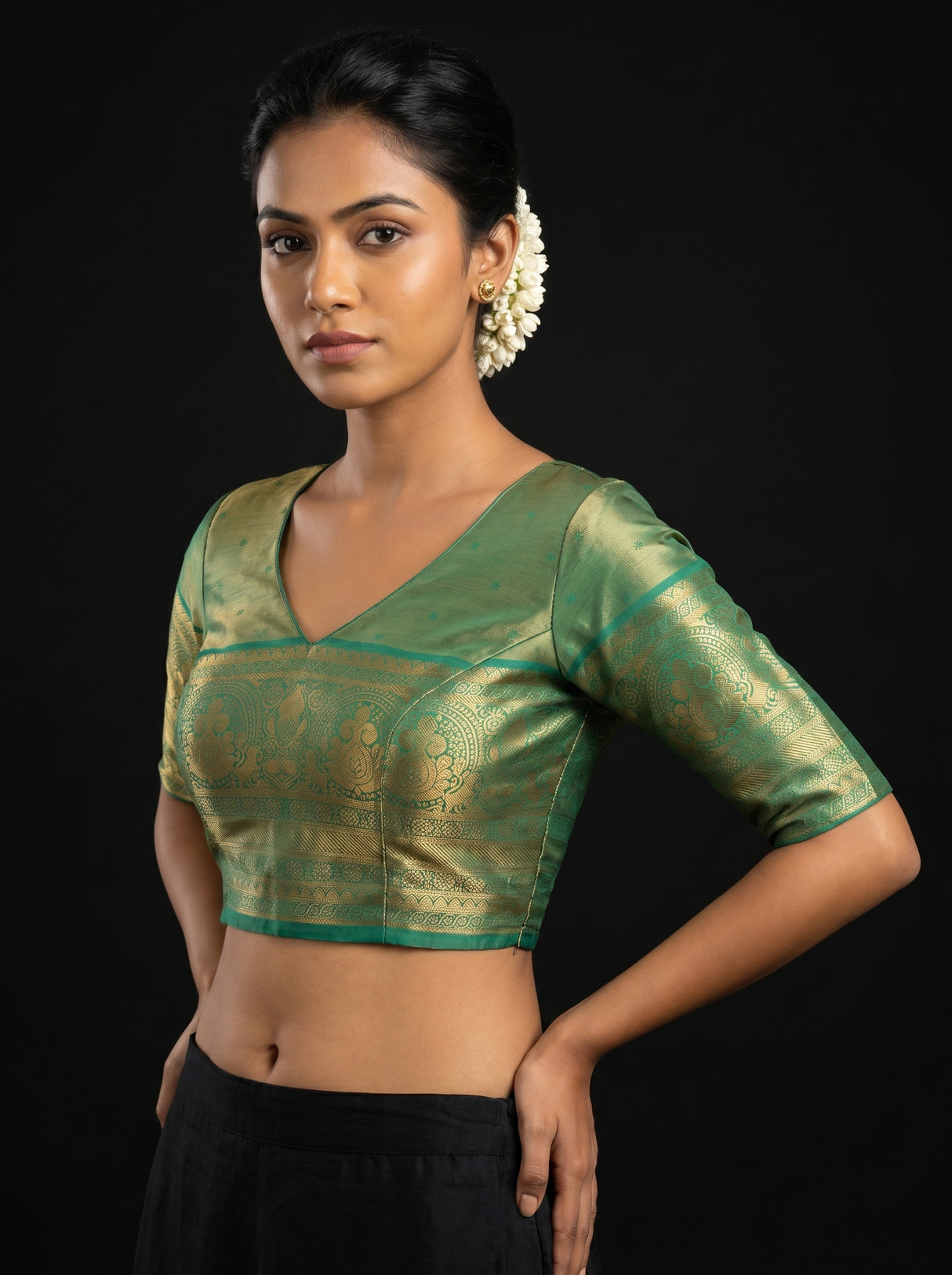 MIMOSA Olive Kanjivaram Art Silk Saree β blouse close-up