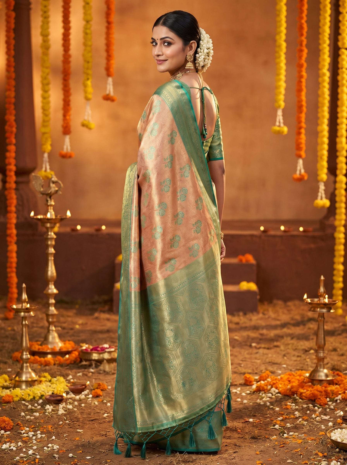 MIMOSA Orange Kanjivaram Art Silk Saree — pose 9 styling detail
