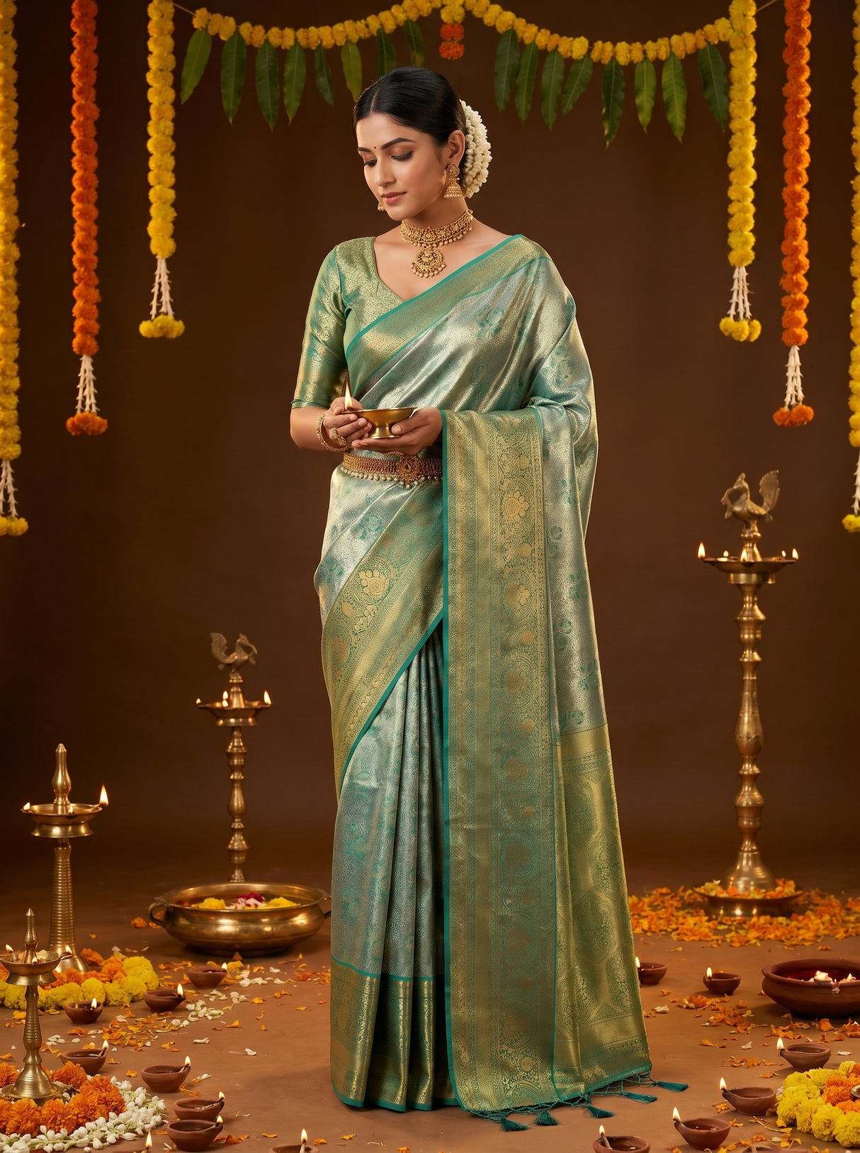MIMOSA Saffire Kanjivaram Art Silk Saree β Model in Festive Setting