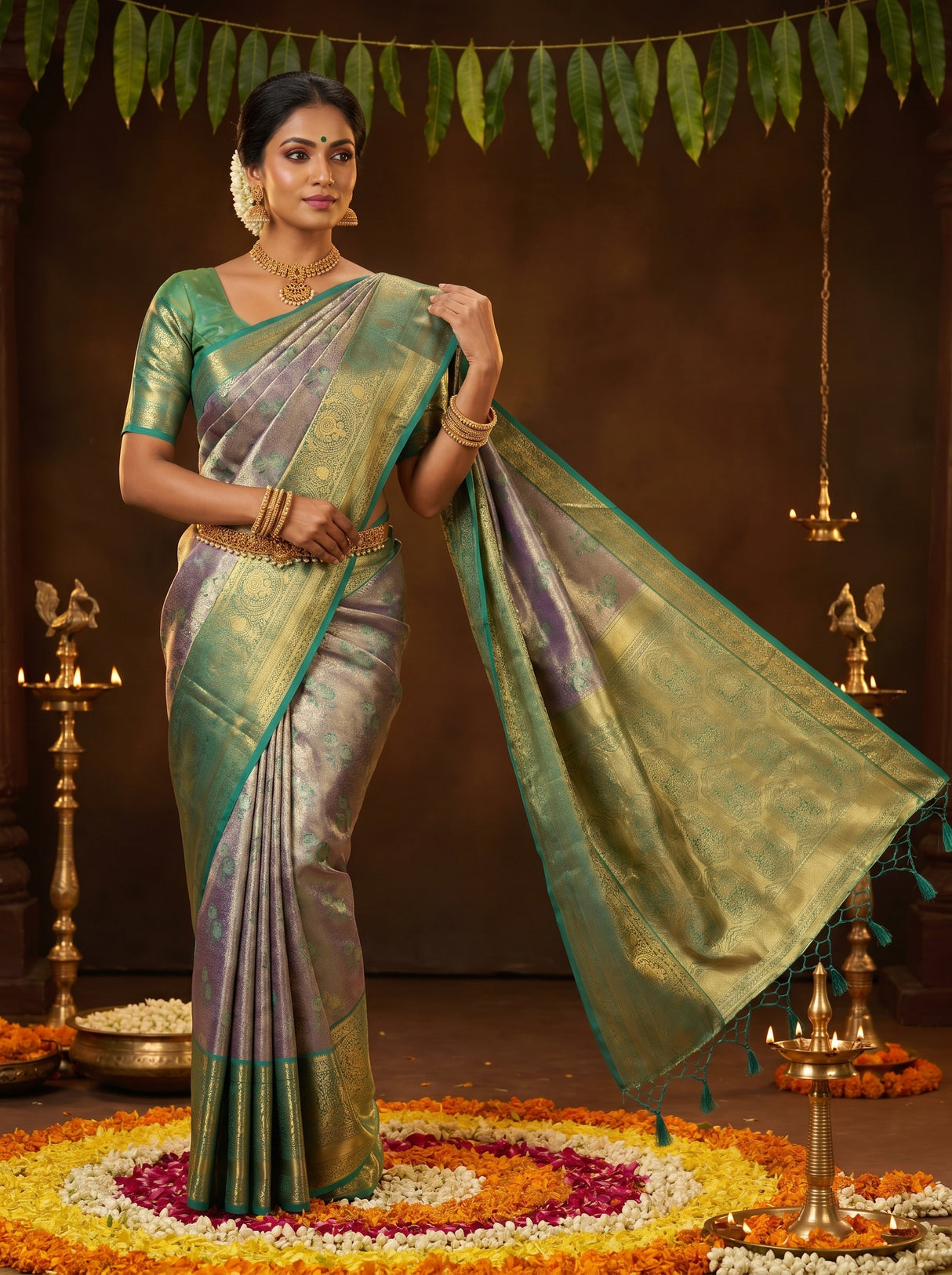 MIMOSA Violet Kanjivaram Art Silk Saree β Model in Festive Setting