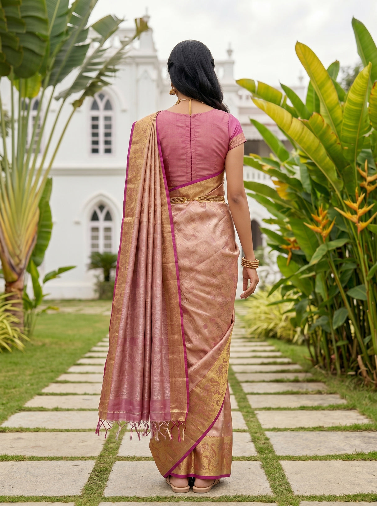 MIMOSA Peach Kanjivaram Art Silk Saree — pose 2 styling detail