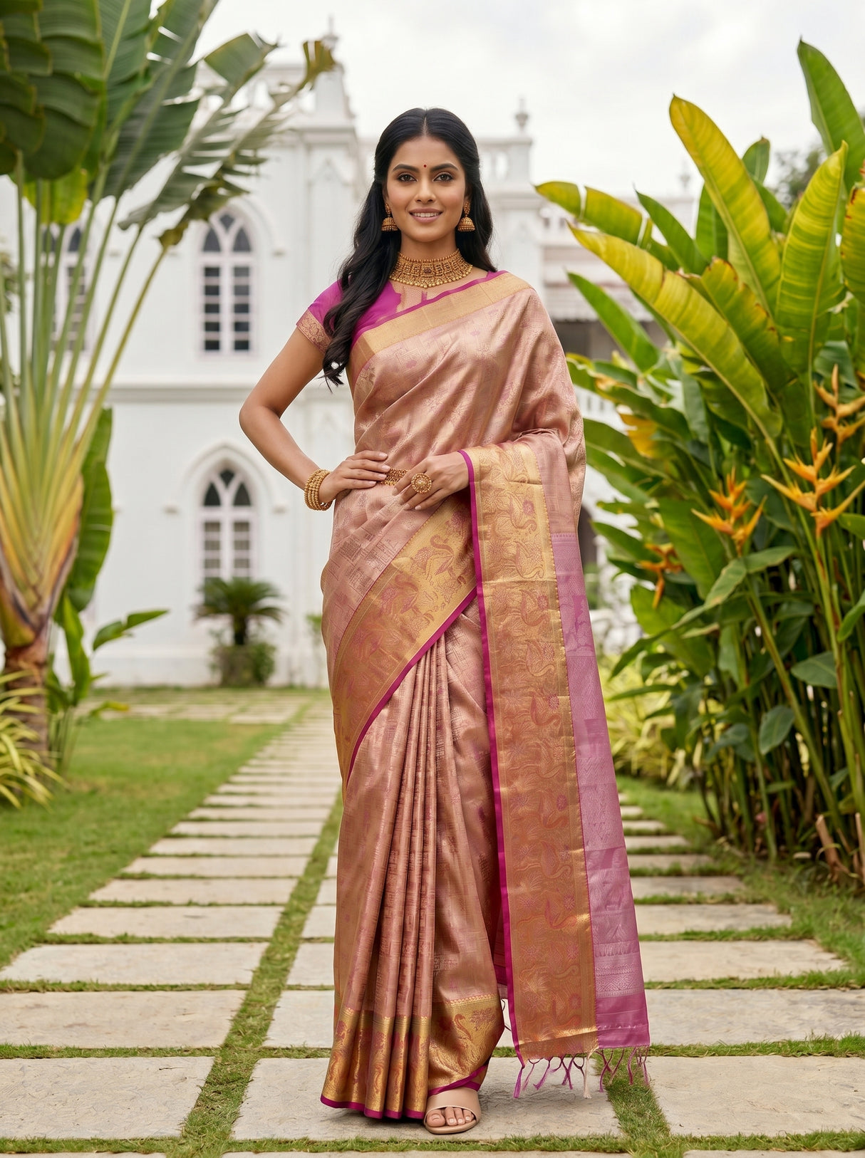 MIMOSA Peach Kanjivaram Art Silk Saree — pose 4 styling detail
