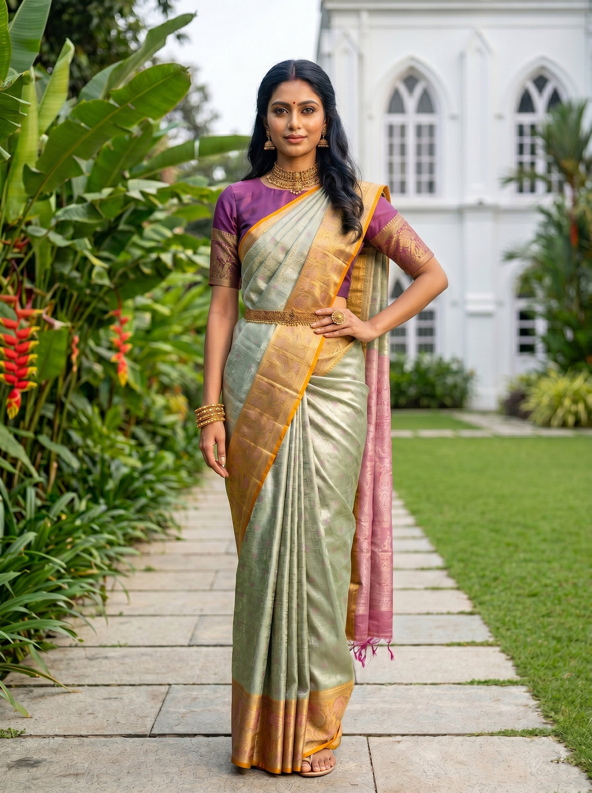 MIMOSA Parrot Green Kanjivaram Art Silk Saree — pose 4 styling detail