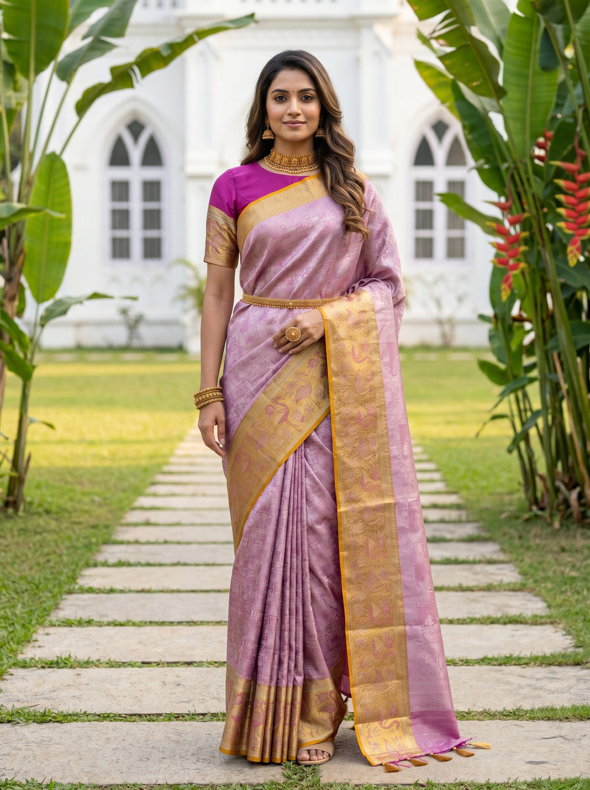 MIMOSA Pink Kanjivaram Art Silk Saree — AI model pose 1