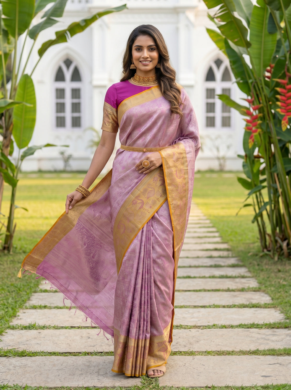 MIMOSA Pink Kanjivaram Art Silk Saree — pose 5 styling detail