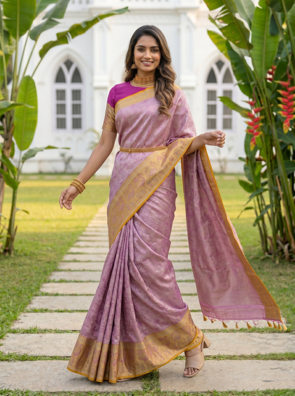 MIMOSA Pink Kanjivaram Art Silk Saree — pose 9 styling detail