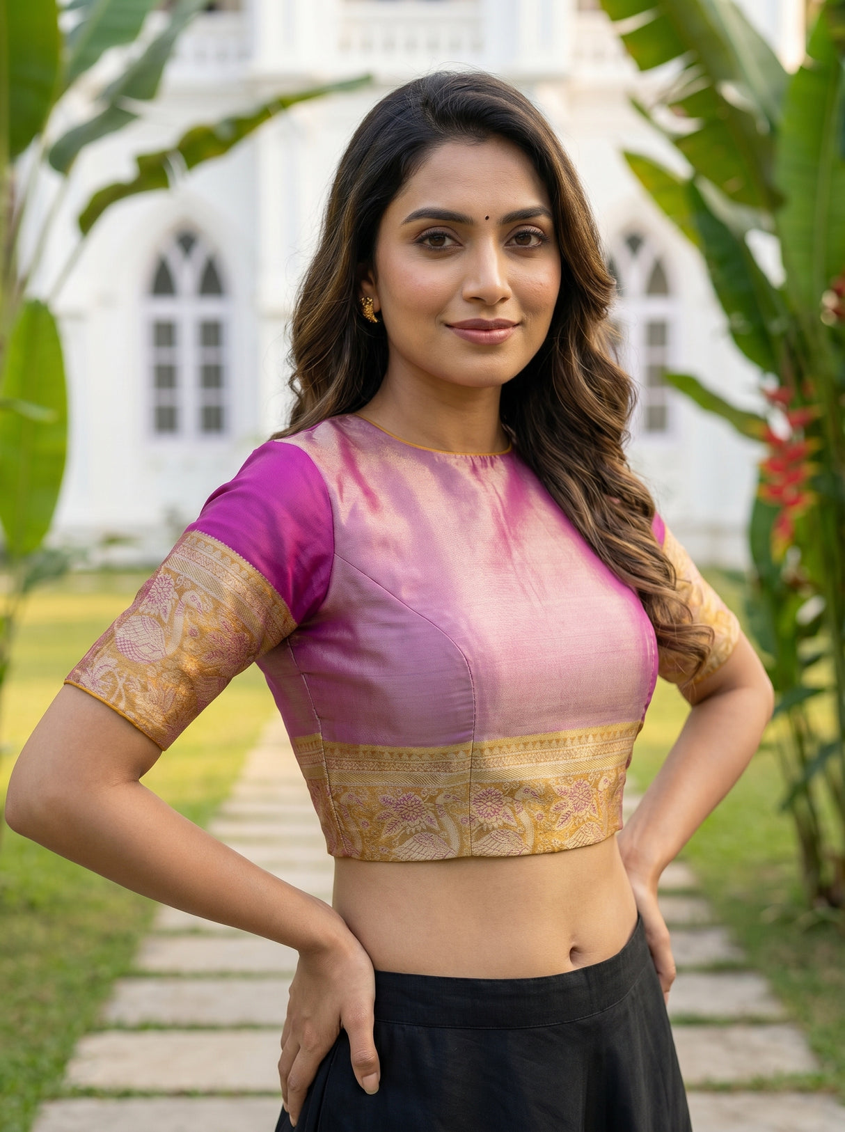 MIMOSA Pink Kanjivaram Art Silk Saree — blouse close-up