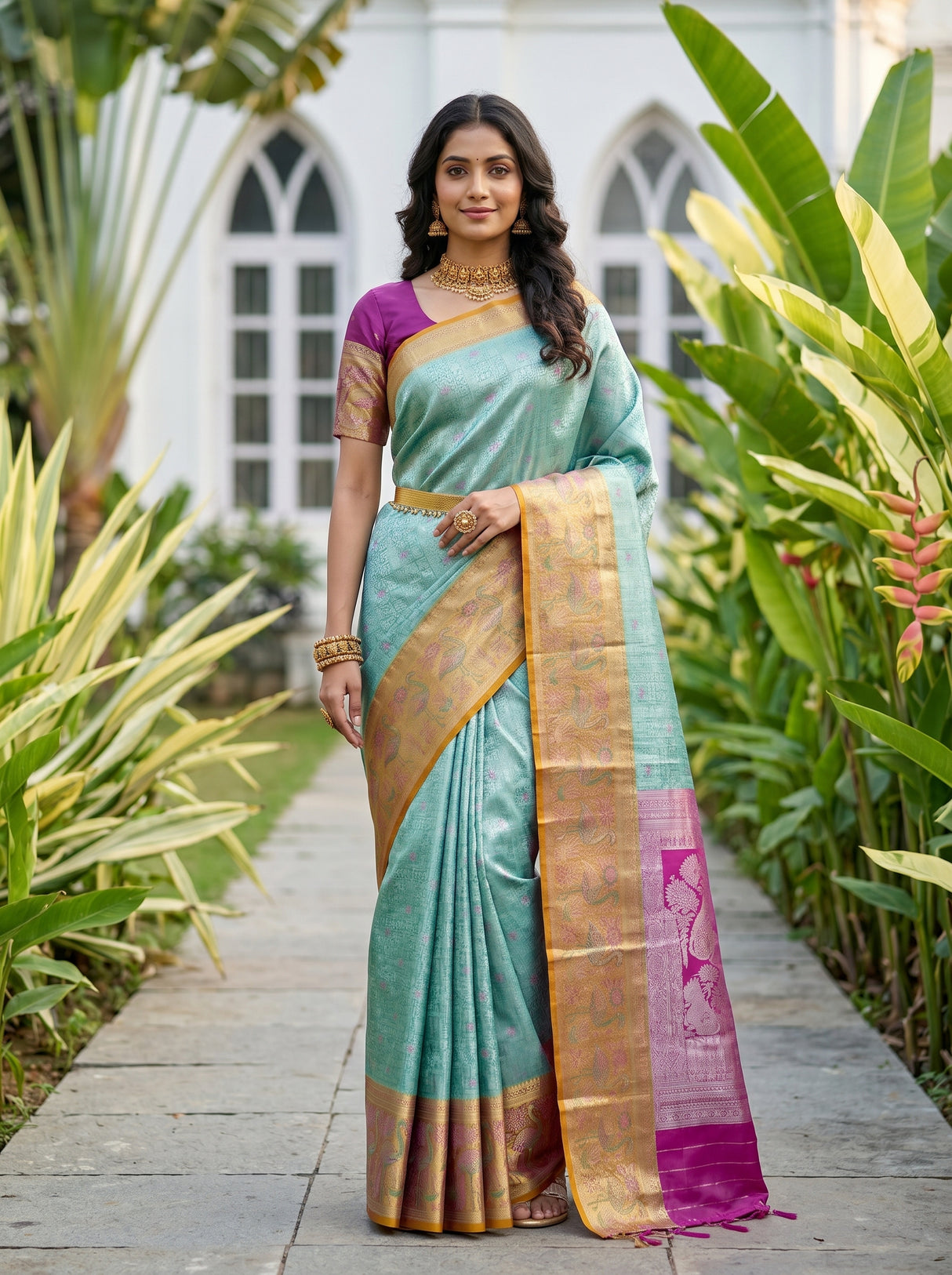 MIMOSA Rama Kanjivaram Art Silk Saree — AI model pose 1