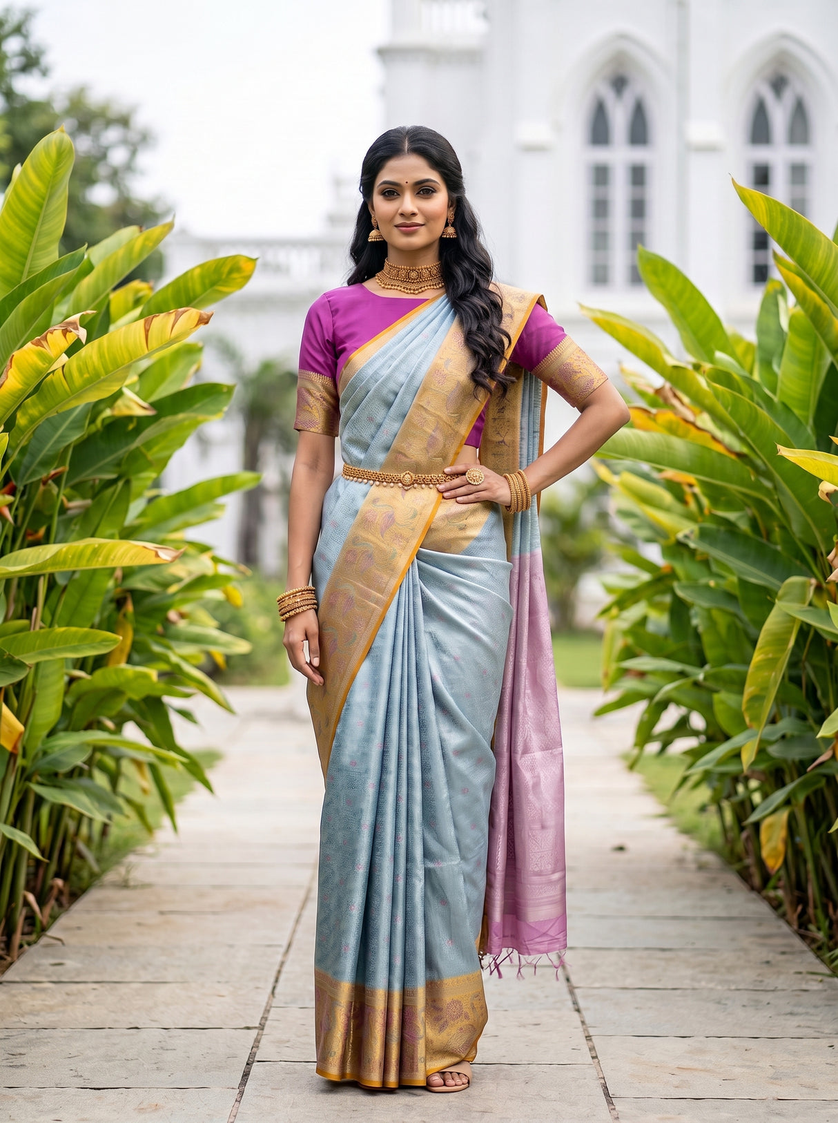 MIMOSA Sapphire Kanjivaram Art Silk Saree — pose 4 styling detail