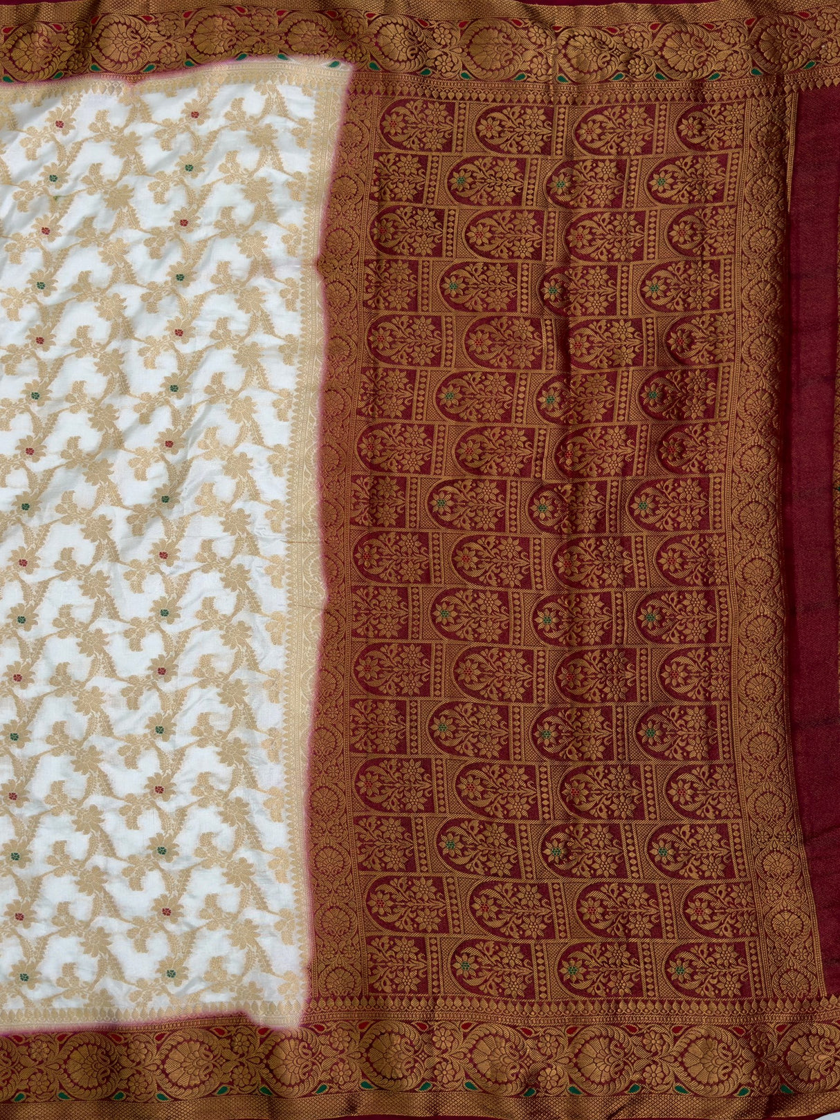 MIMOSA White Kanjivaram Art Silk Saree — pallu and zari work detail