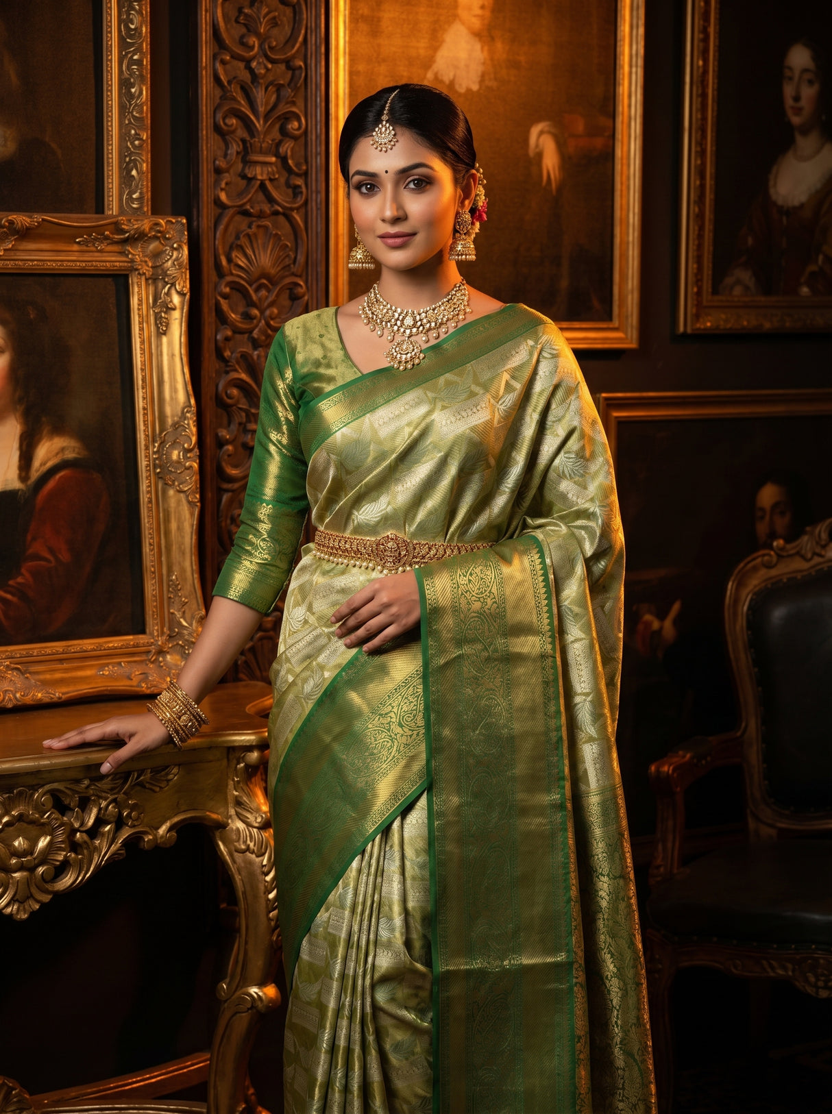 MIMOSA Olive Kanjivaram Art Silk Saree β Full View on Model