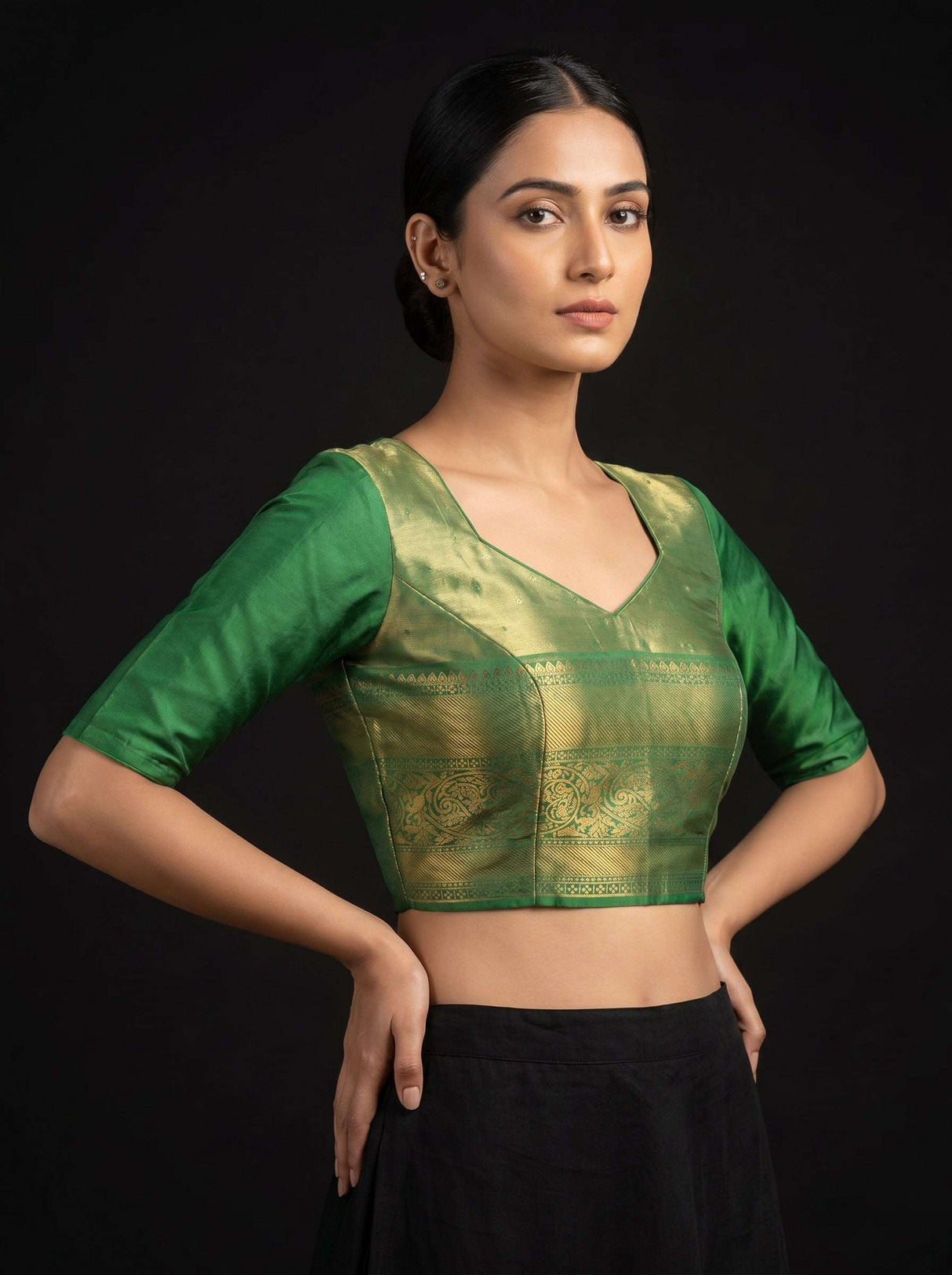 MIMOSA Olive Kanjivaram Art Silk Saree — blouse close-up