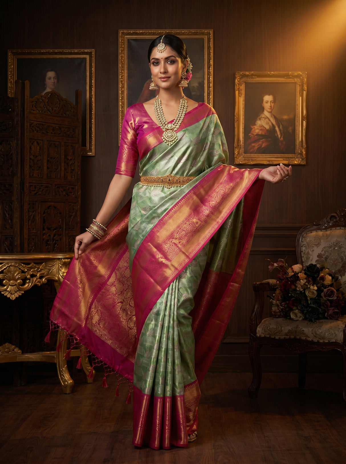 MIMOSA Rama Kanjivaram Art Silk Saree β Full View on Model