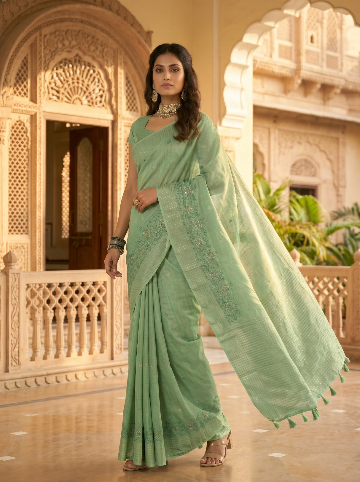 MIMOSA Pista Banarasi Art Silk Saree — pose 9 styling detail
