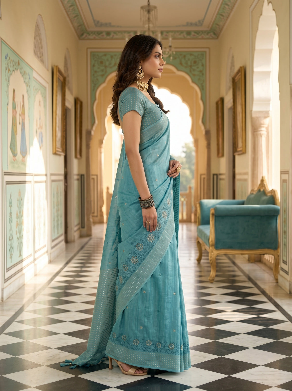 MIMOSA Sapphire Banarasi Art Silk Saree — pose 3 styling detail