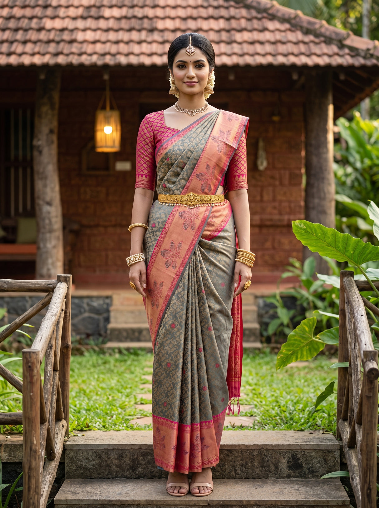 MIMOSA Navy Kanjivaram Art Silk Saree — AI Model lifestyle pose