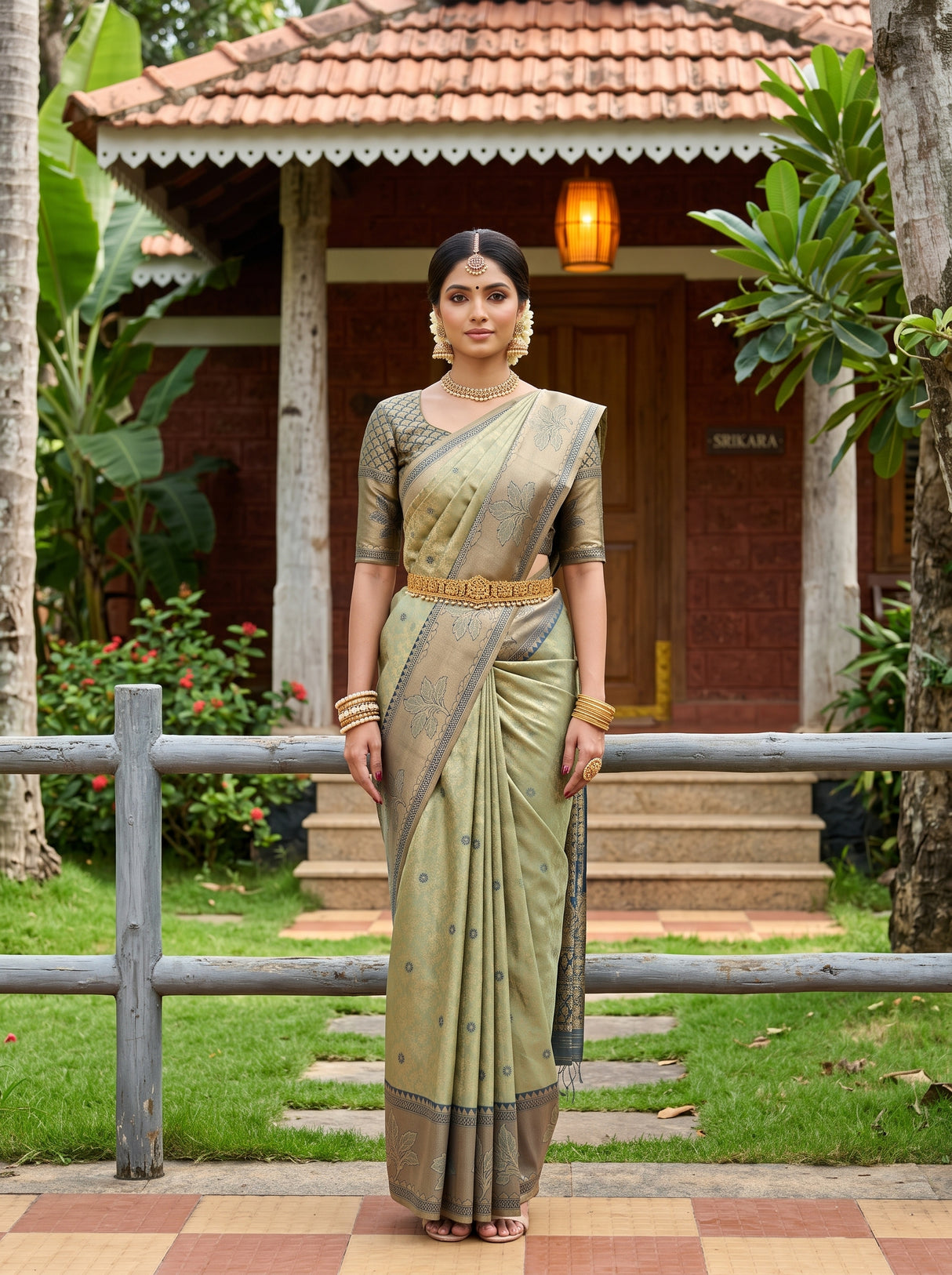 MIMOSA Pista Kanjivaram Art Silk Saree — AI Model lifestyle pose