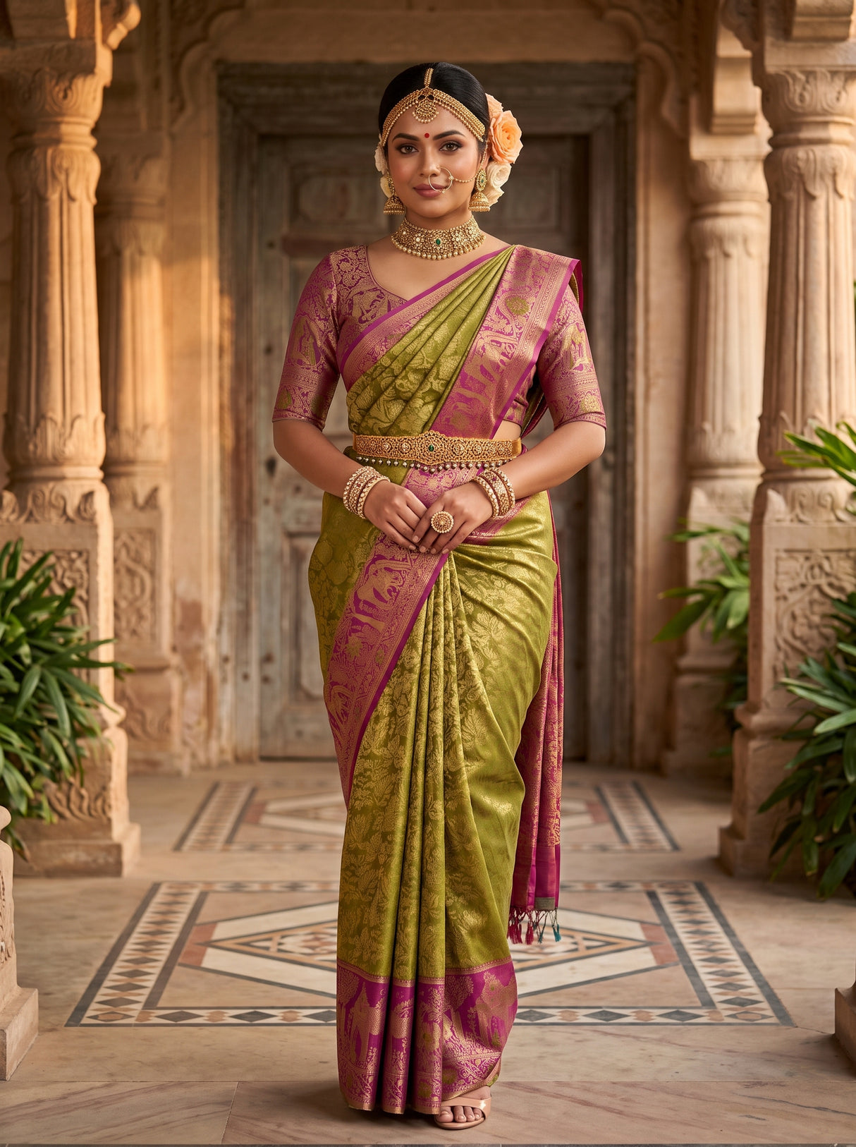 MIMOSA Olive Kanjivaram Art Silk Saree — AI Model lifestyle pose 1