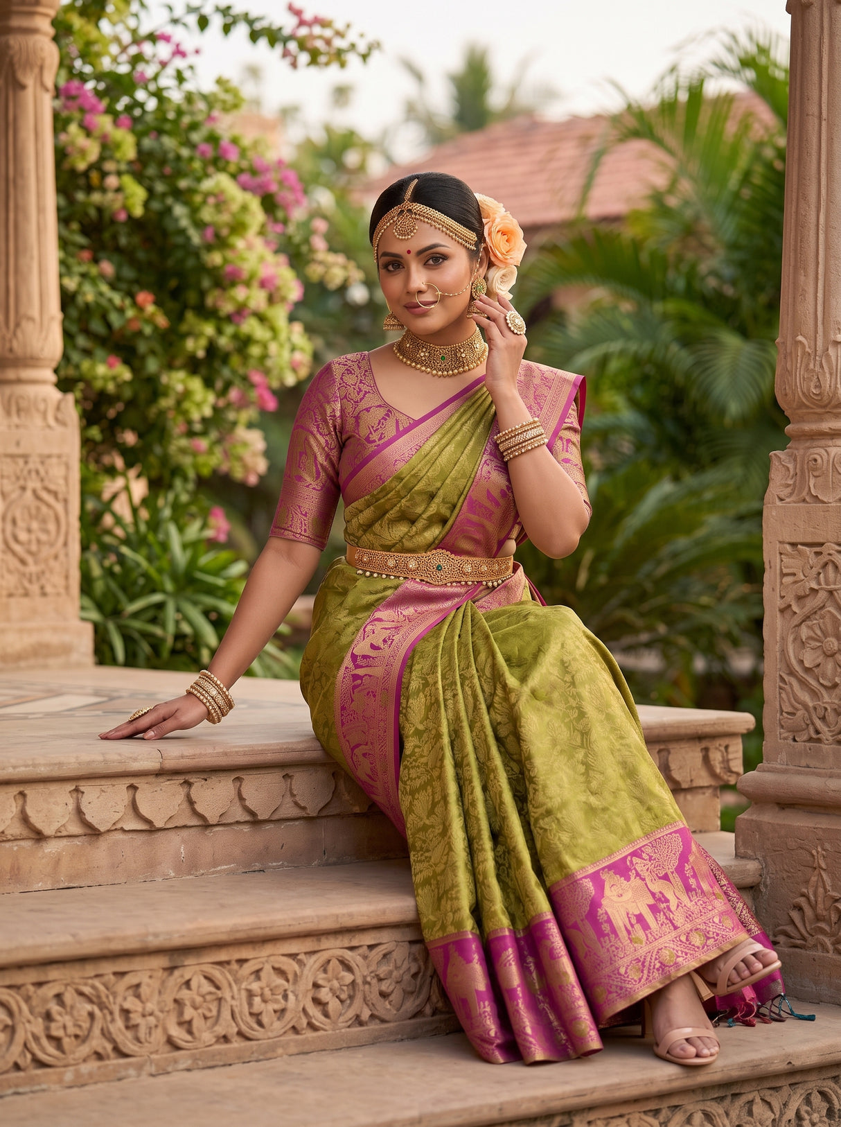 MIMOSA Olive Kanjivaram Art Silk Saree — pose 8 styling detail