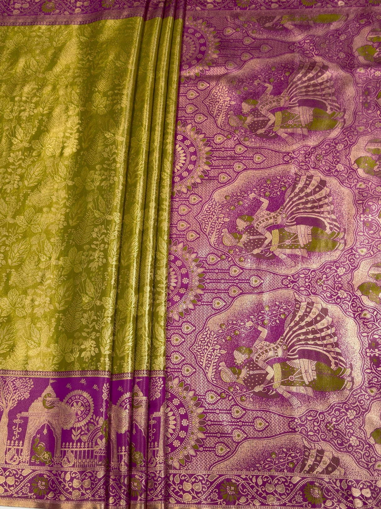 MIMOSA Olive Kanjivaram Art Silk Saree — pallu and zari work detail