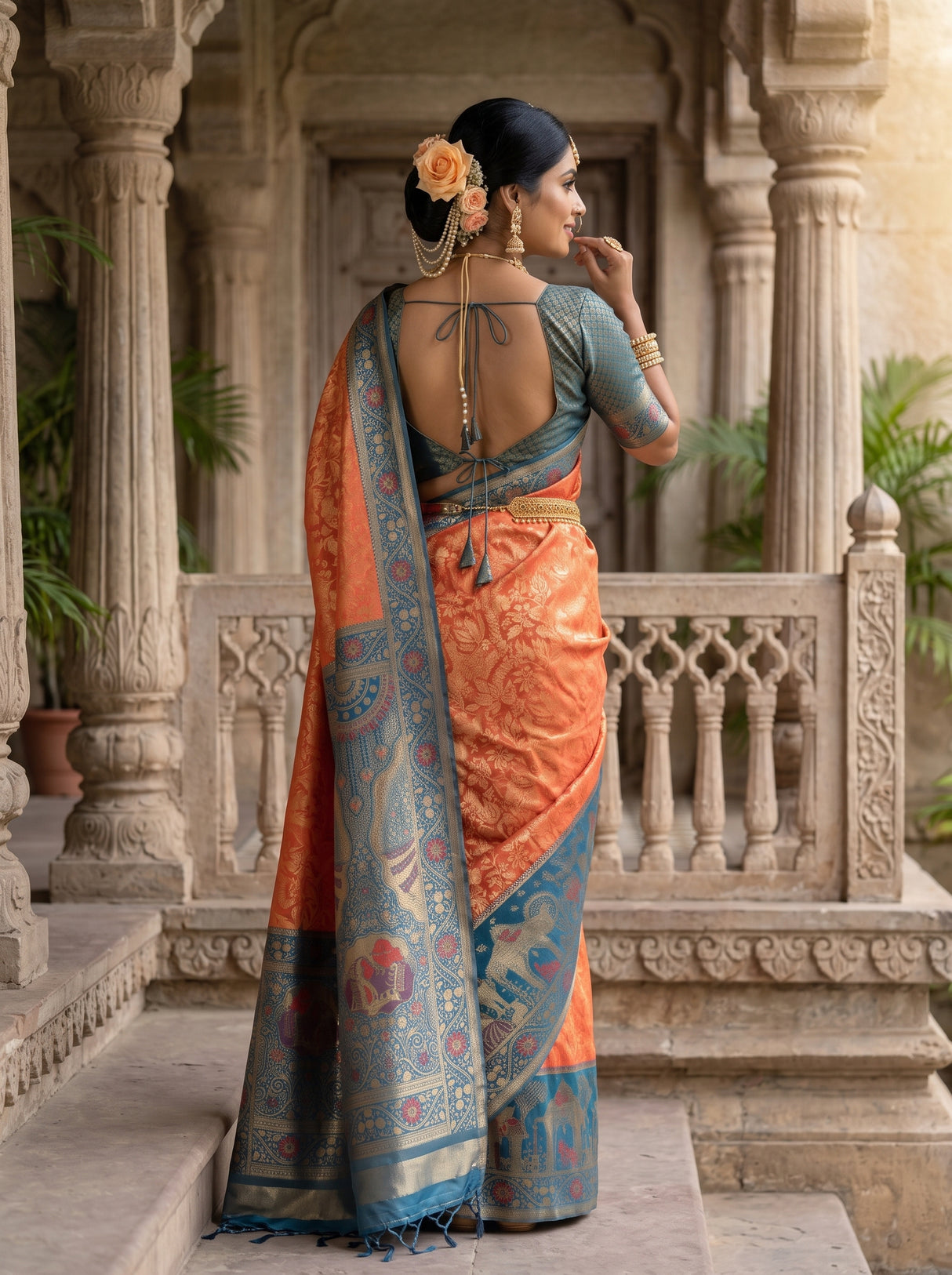 MIMOSA Peach Kanjivaram Art Silk Saree — pose 2 styling detail