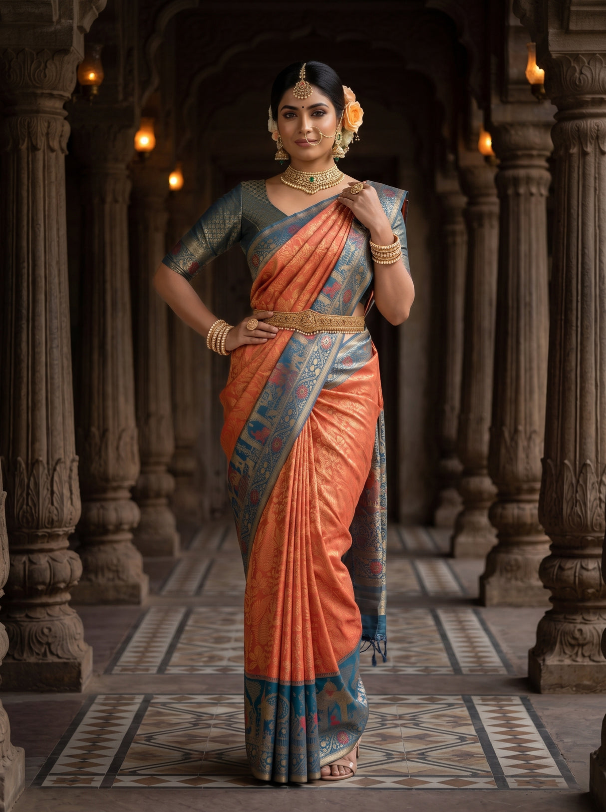 MIMOSA Peach Kanjivaram Art Silk Saree — pose 4 styling detail
