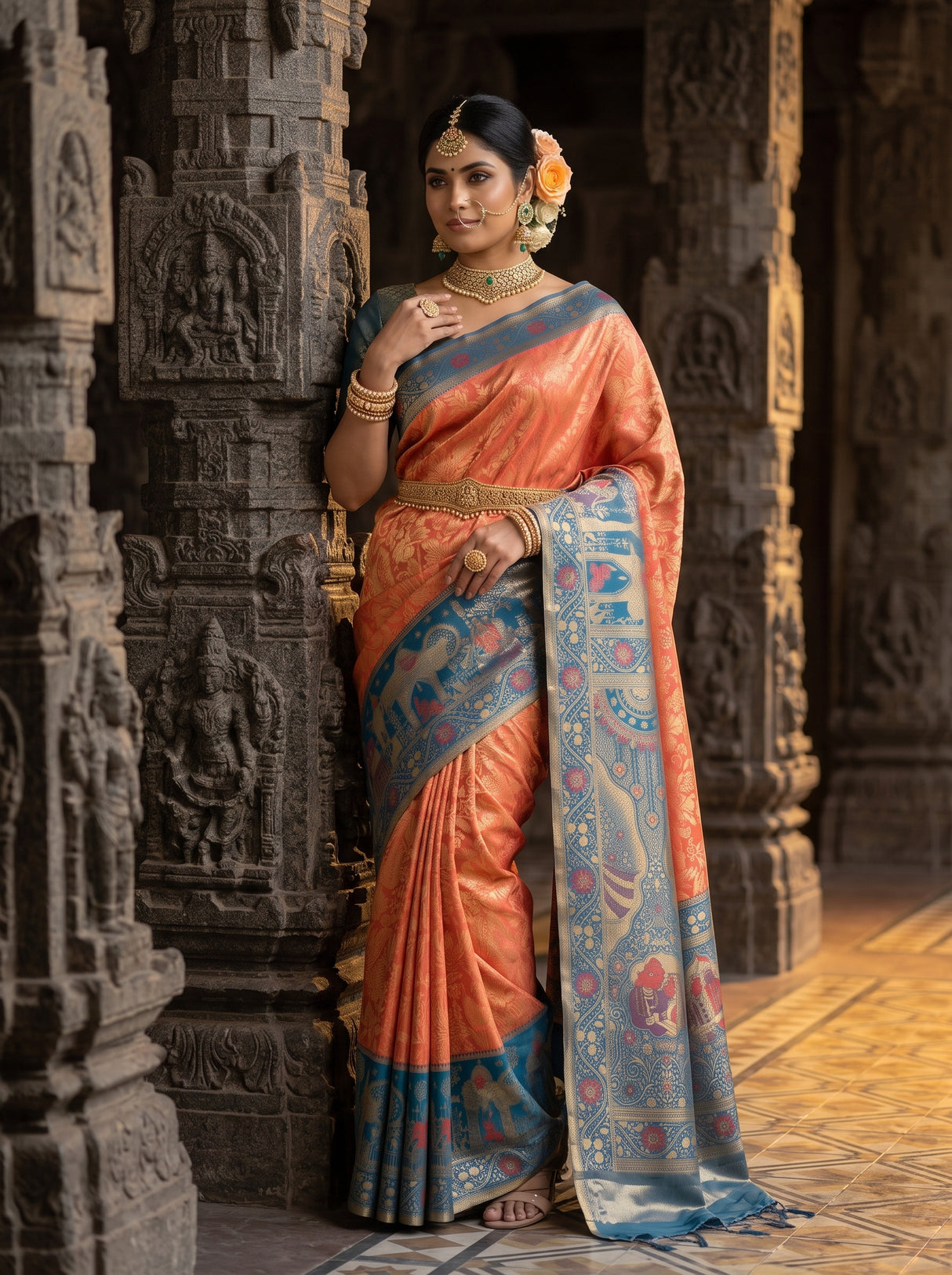 MIMOSA Peach Kanjivaram Art Silk Saree — pose 5 styling detail