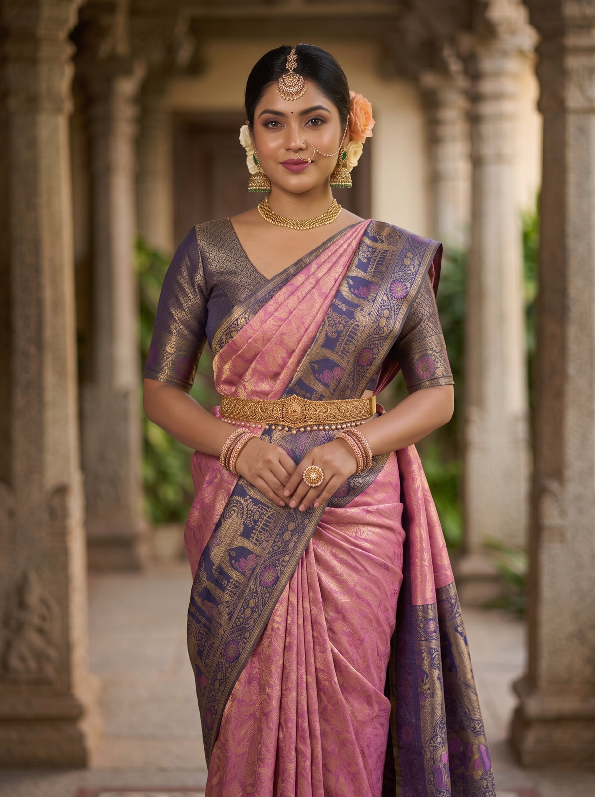 MIMOSA Pink Kanjivaram Art Silk Saree — pose 10 styling detail