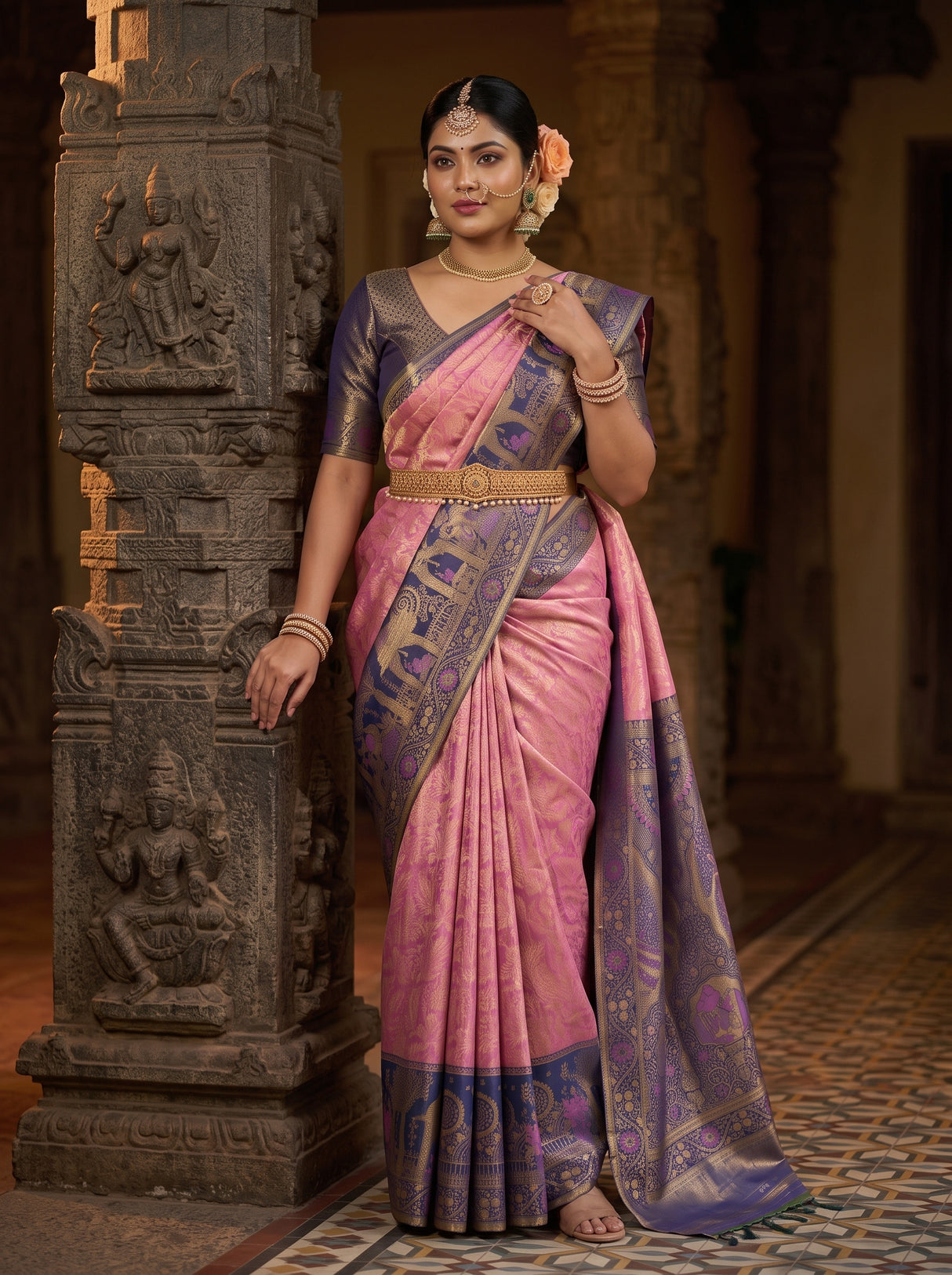 MIMOSA Pink Kanjivaram Art Silk Saree — pose 5 styling detail