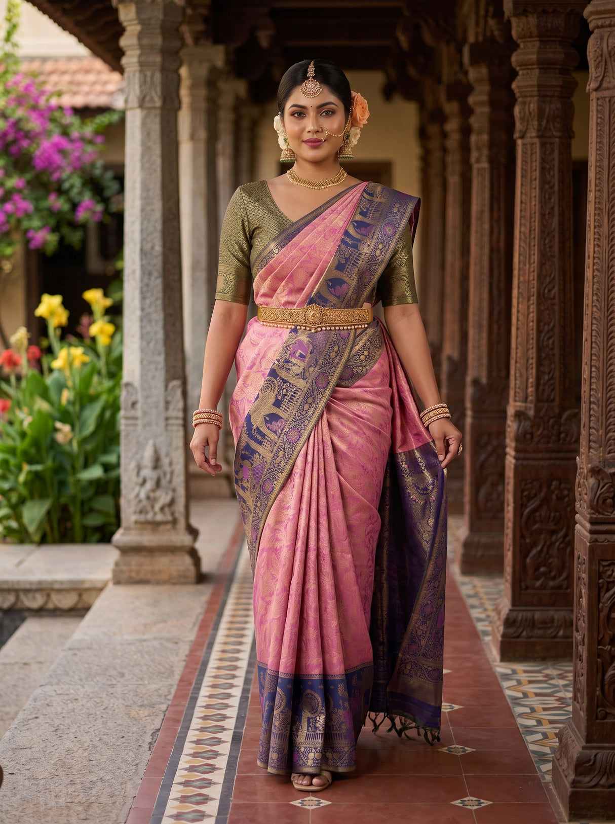 MIMOSA Pink Kanjivaram Art Silk Saree — pose 6 styling detail