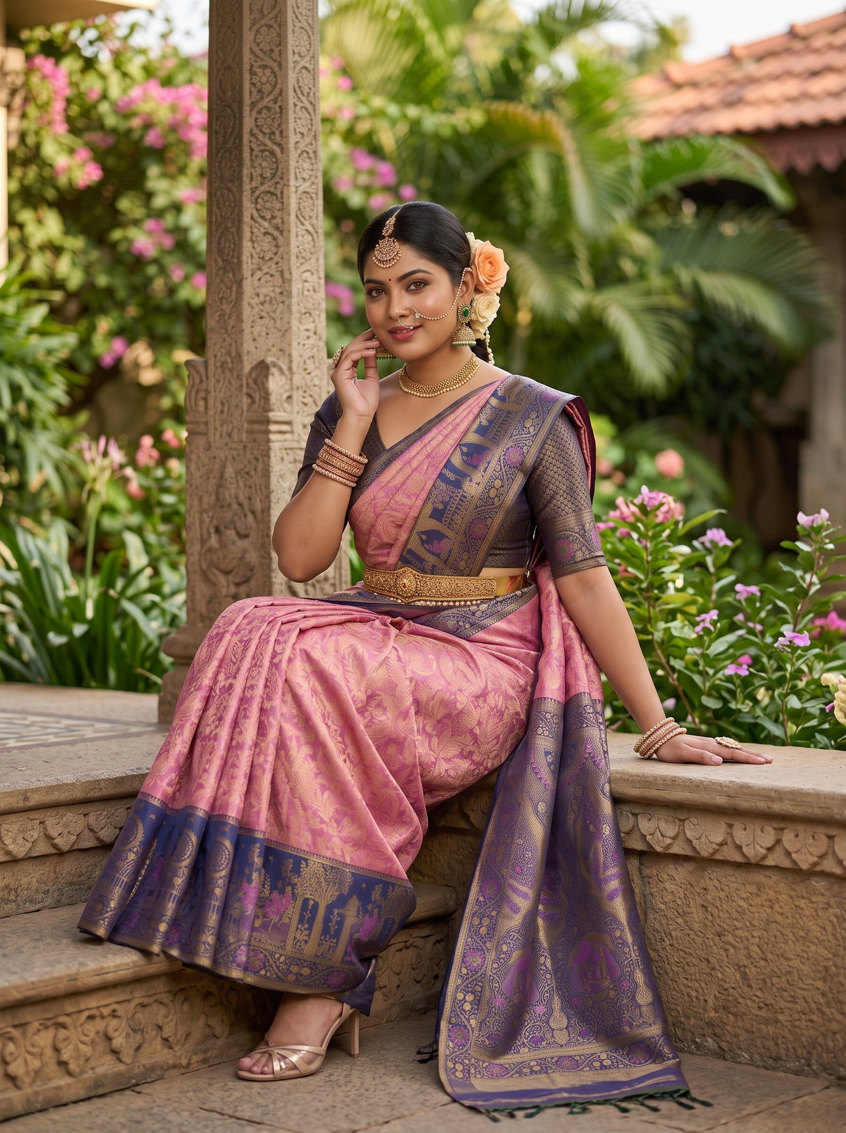 MIMOSA Pink Kanjivaram Art Silk Saree — pose 8 styling detail