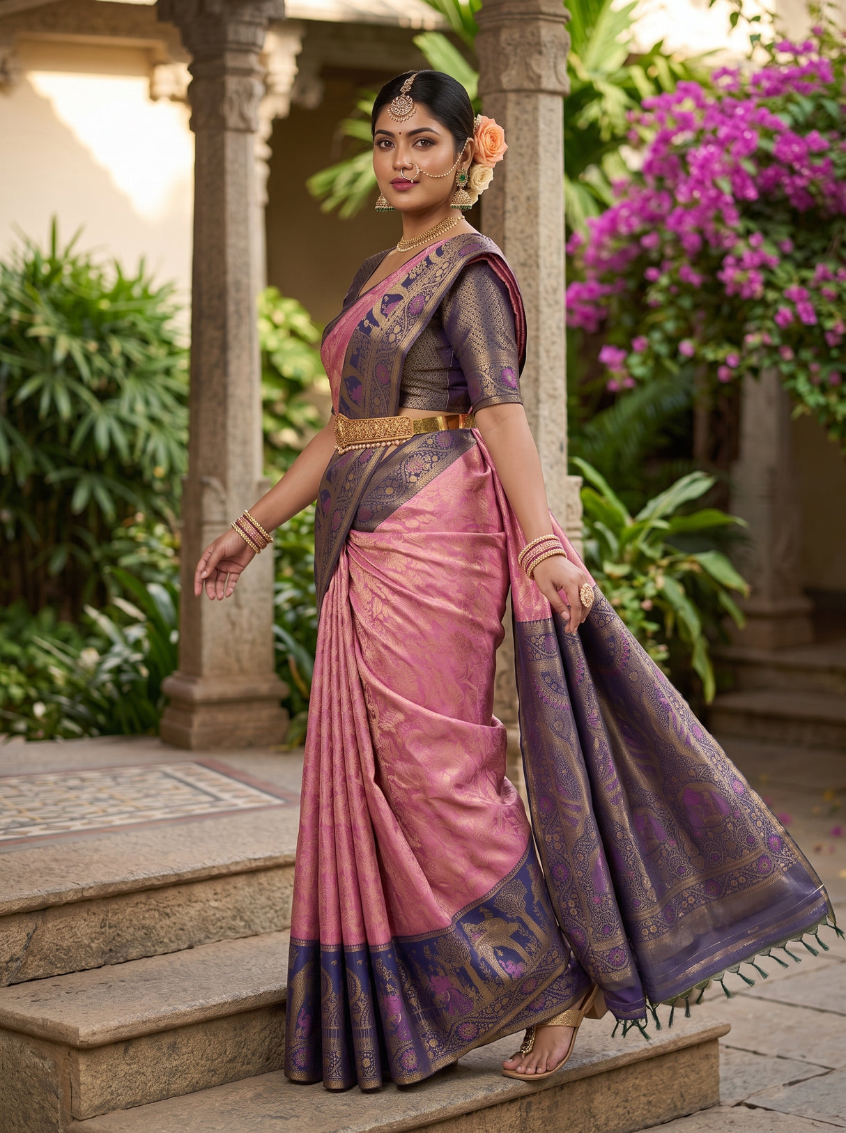 MIMOSA Pink Kanjivaram Art Silk Saree — pose 9 styling detail