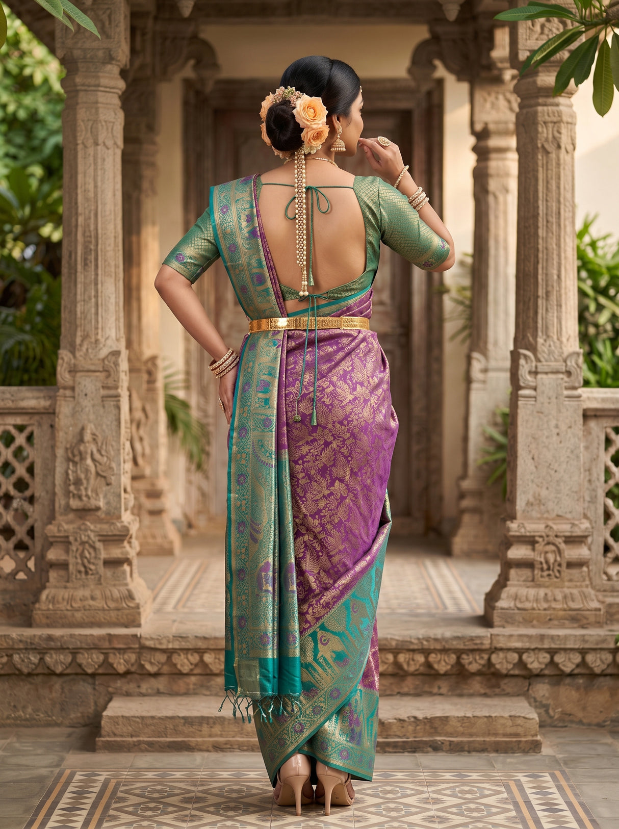 MIMOSA Purple Kanjivaram Art Silk Saree — pose 2 styling detail