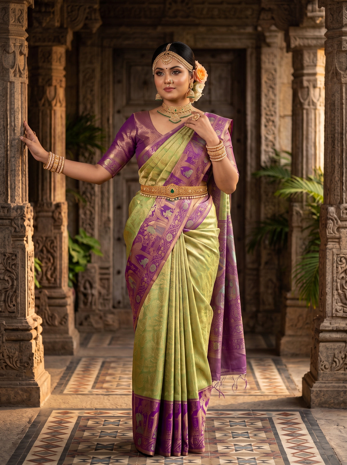 MIMOSA Pista Kanjivaram Art Silk Saree — pose 5 styling detail