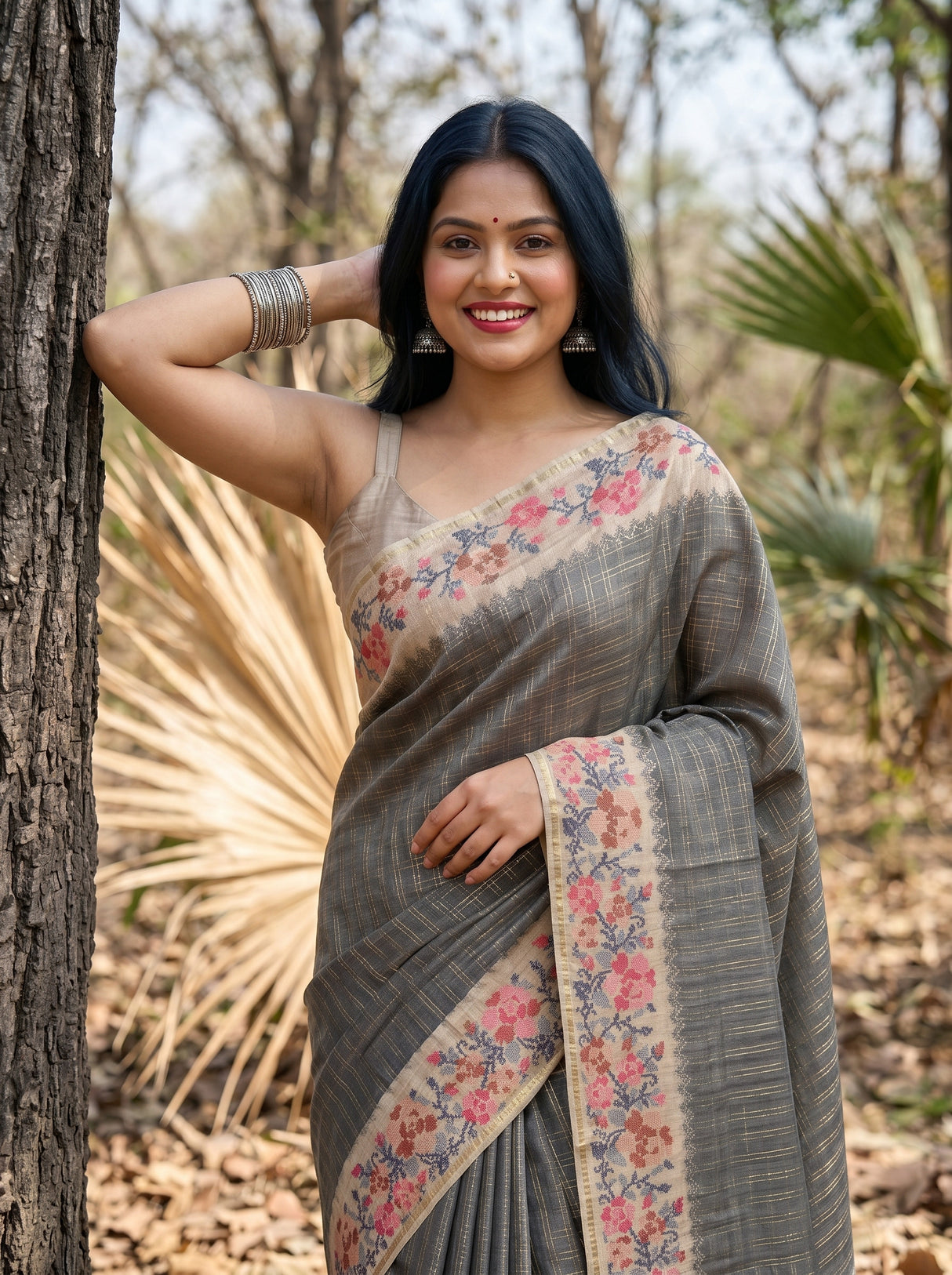 MIMOSA Grey Banarasi Art Silk Saree — pose 10 styling detail