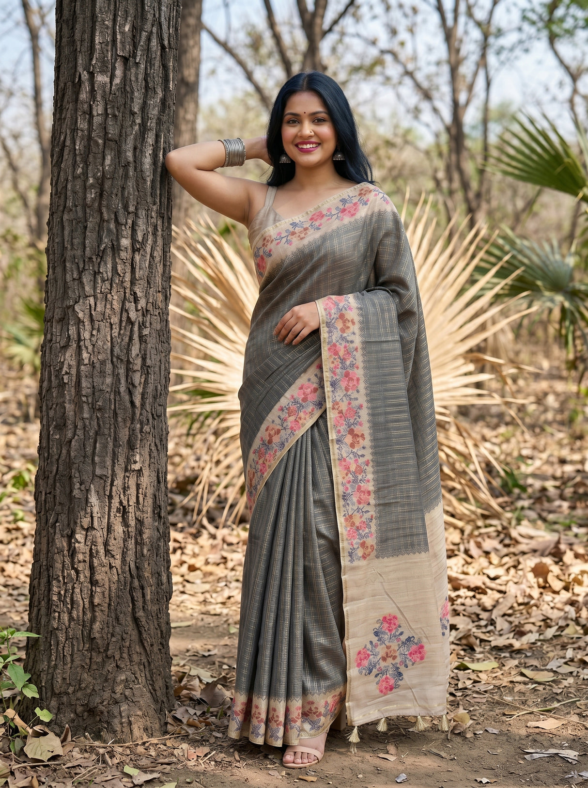 MIMOSA Grey Banarasi Art Silk Saree — pose 4 styling detail