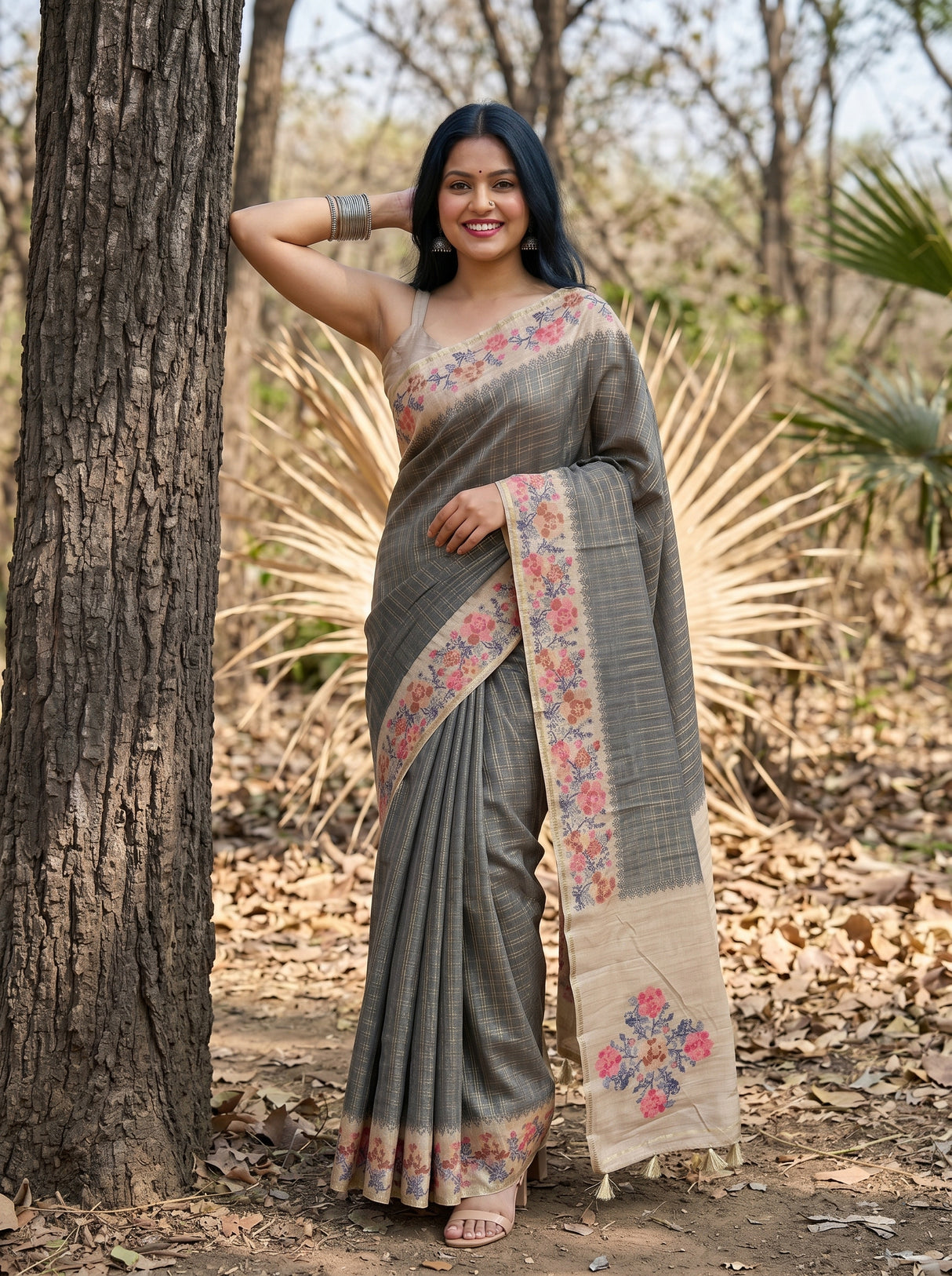 MIMOSA Grey Banarasi Art Silk Saree — pose 5 styling detail