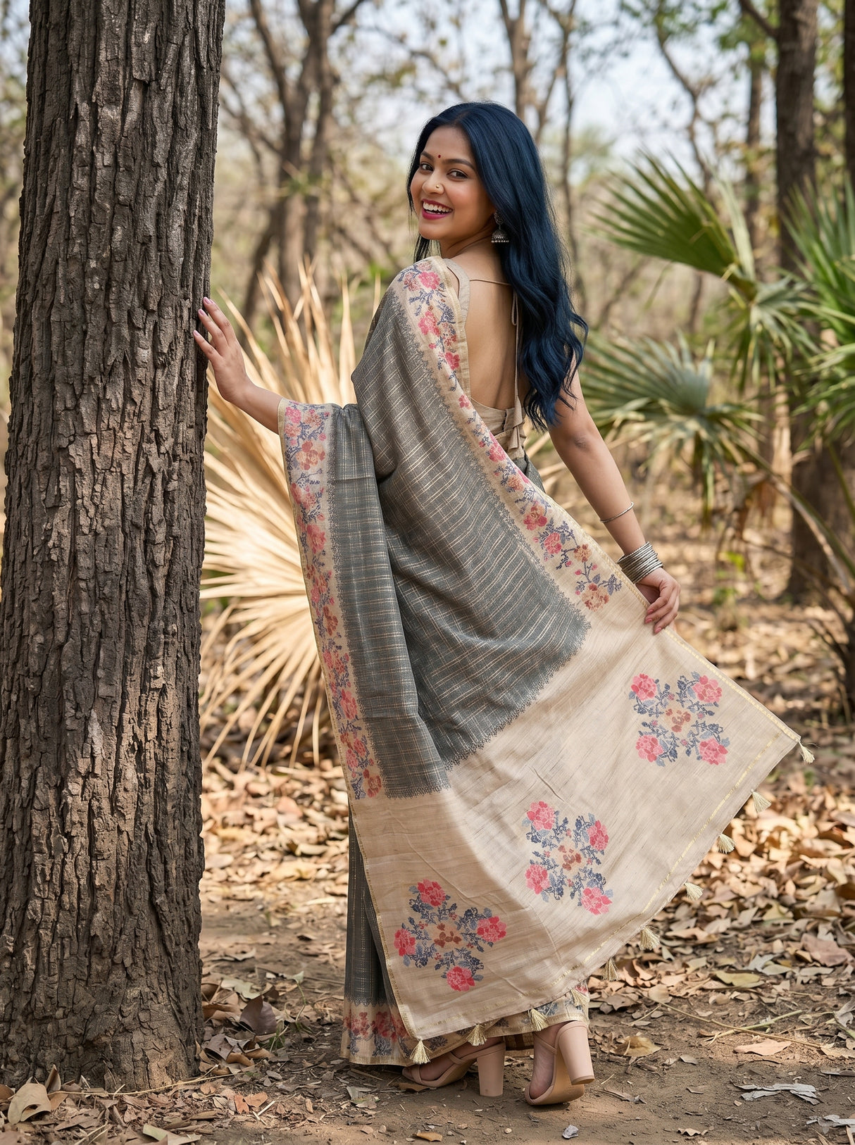 MIMOSA Grey Banarasi Art Silk Saree — pose 7 styling detail
