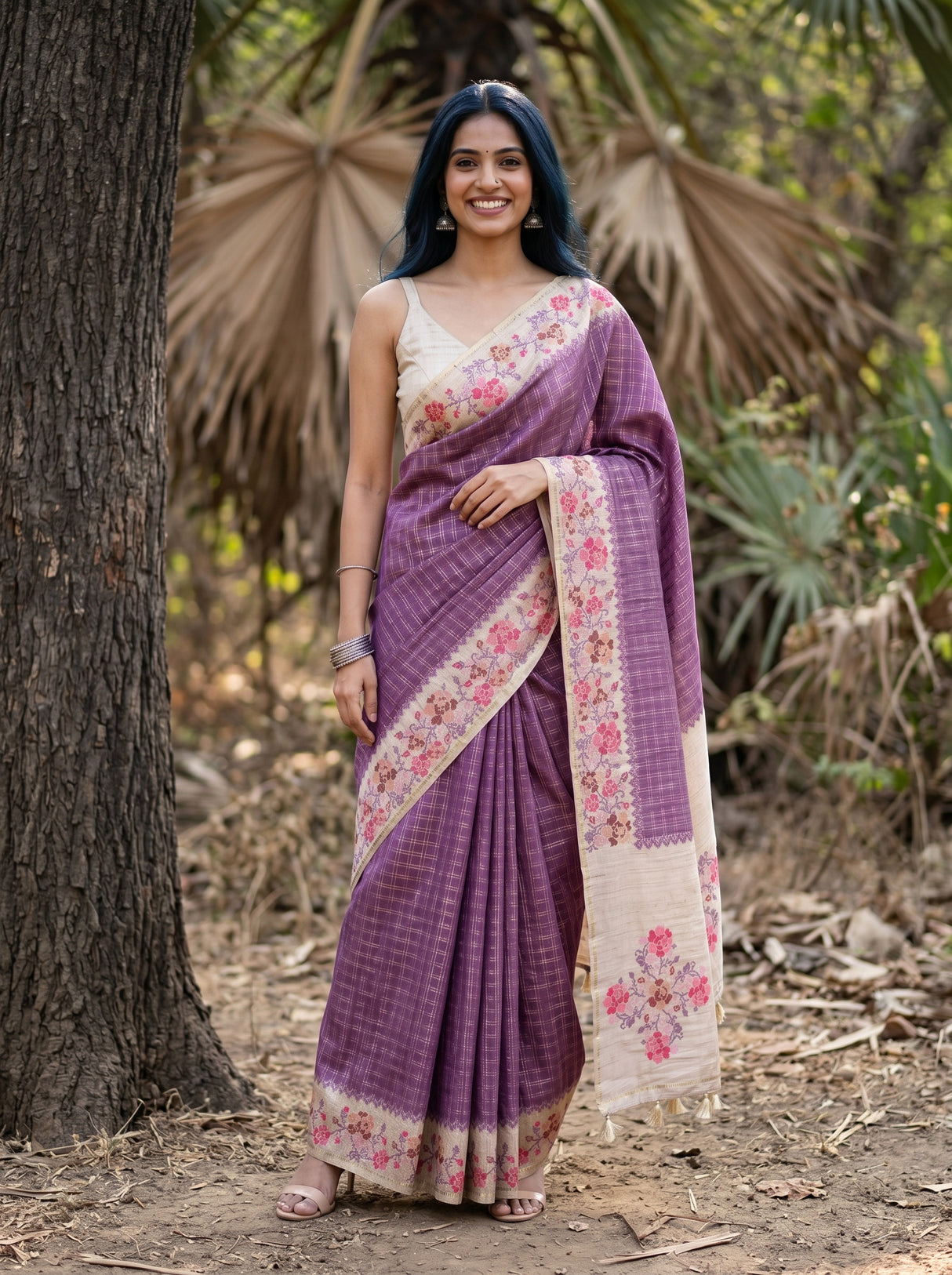 MIMOSA Magenta Banarasi Art Silk Saree — Model lifestyle pose