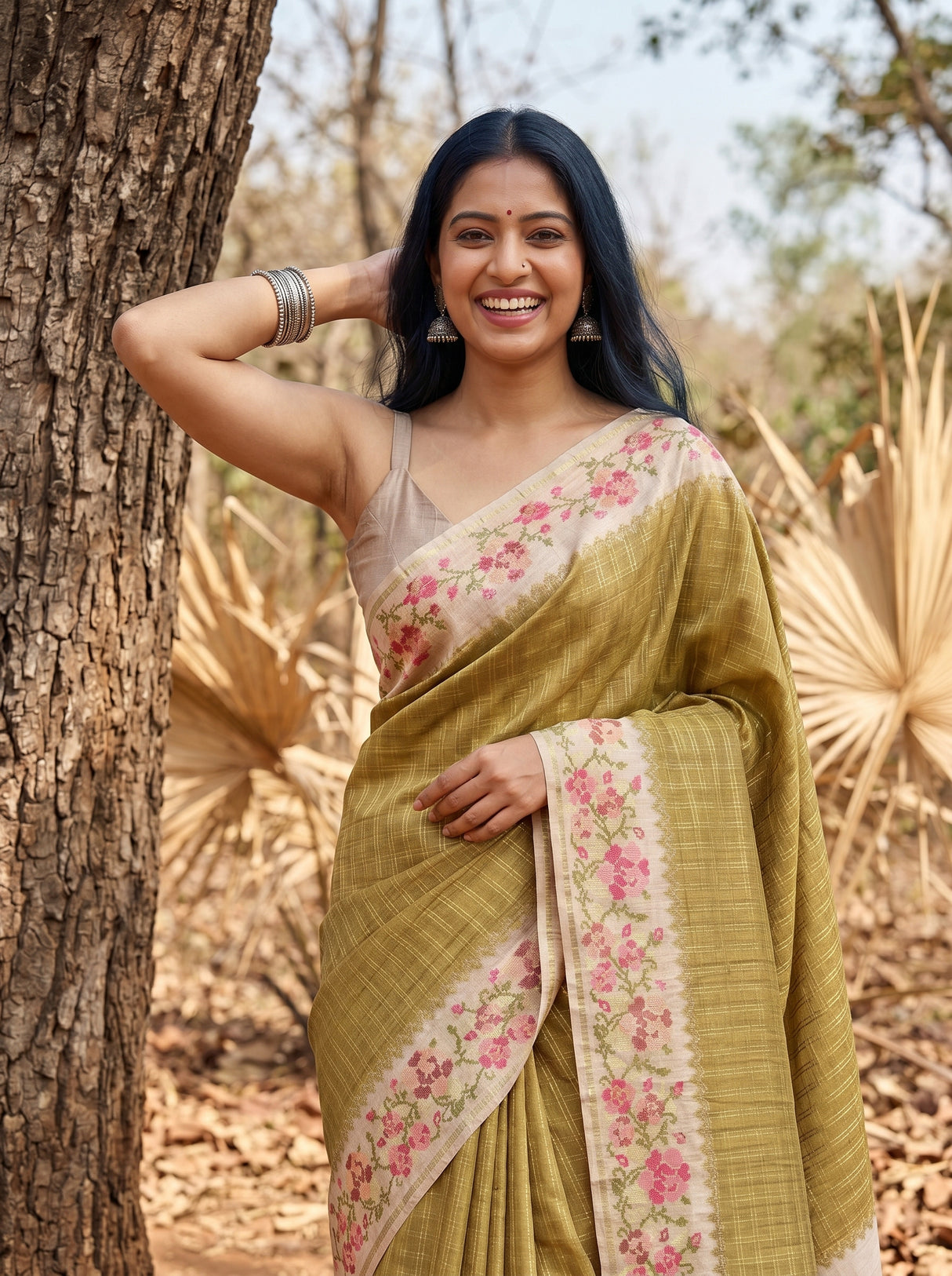 MIMOSA Olive Banarasi Art Silk Saree — pose 10 styling detail