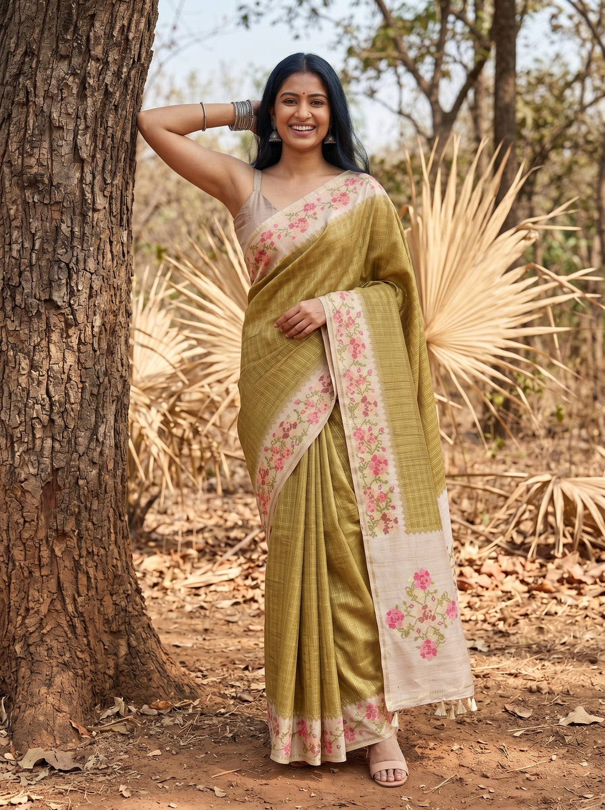 MIMOSA Olive Banarasi Art Silk Saree — pose 5 styling detail