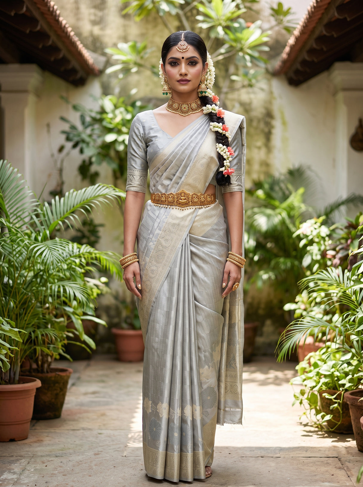 MIMOSA Grey Kanjivaram Art Silk Saree — AI Model lifestyle pose