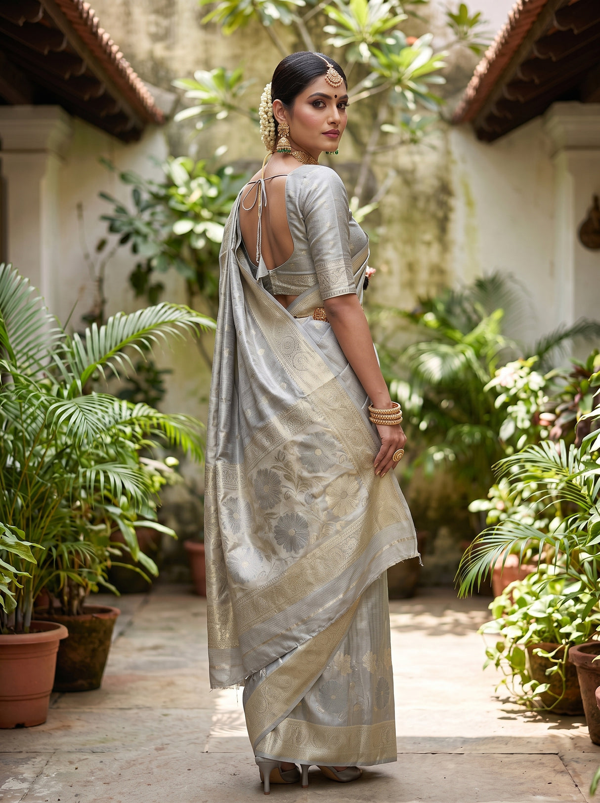 MIMOSA Grey Kanjivaram Art Silk Saree — pose 5 styling detail
