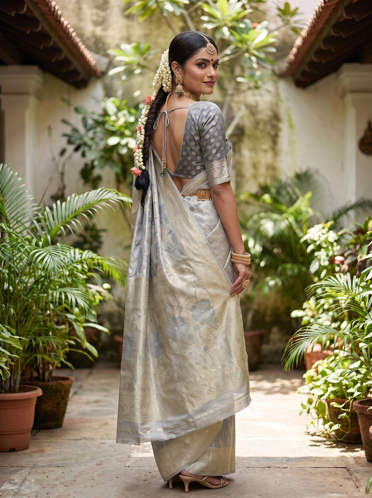 MIMOSA Grey Kanjivaram Art Silk Saree — pose 7 styling detail